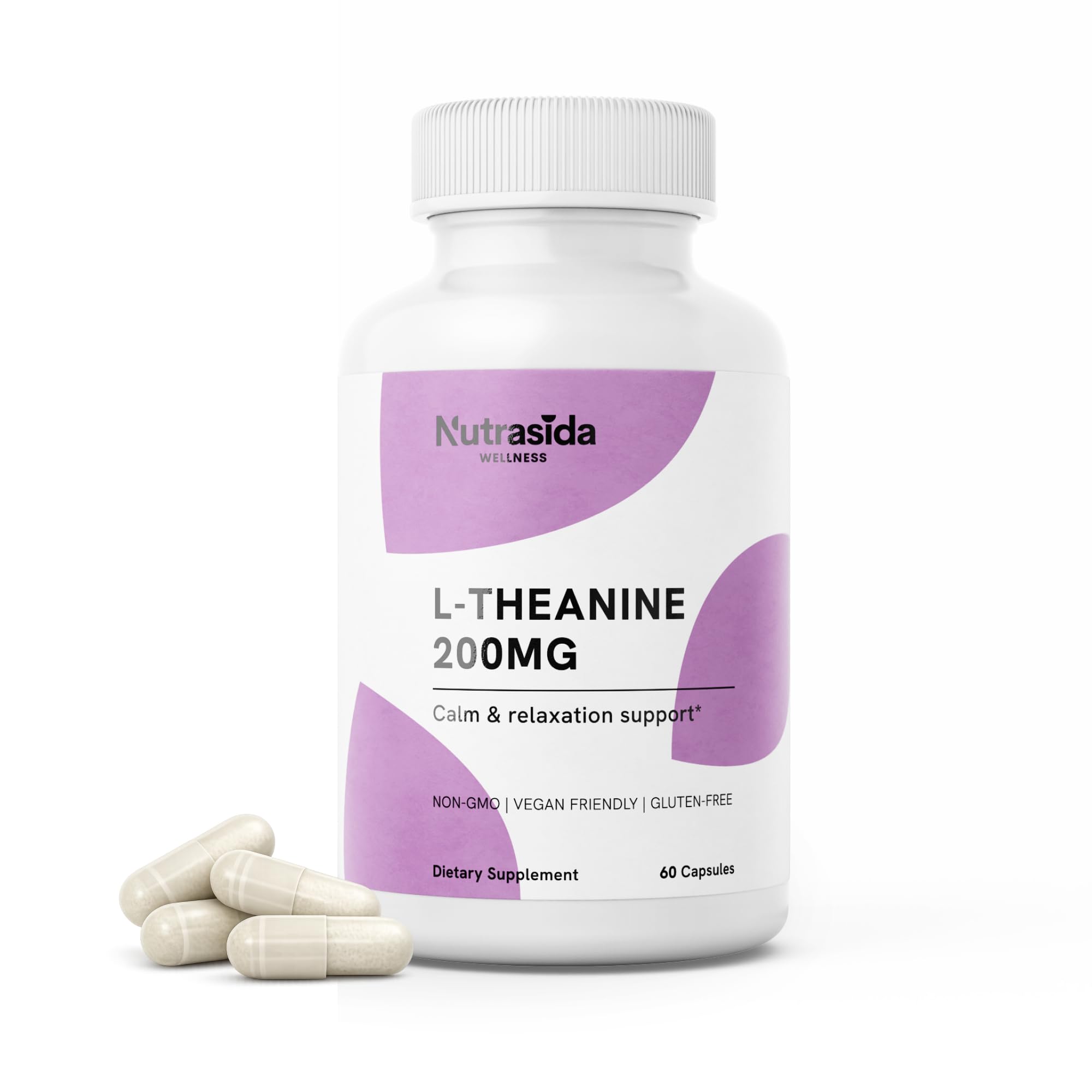 Nutrasida frasco frontal del suplemento L-Theanine 200 mg mostrando envase seguro