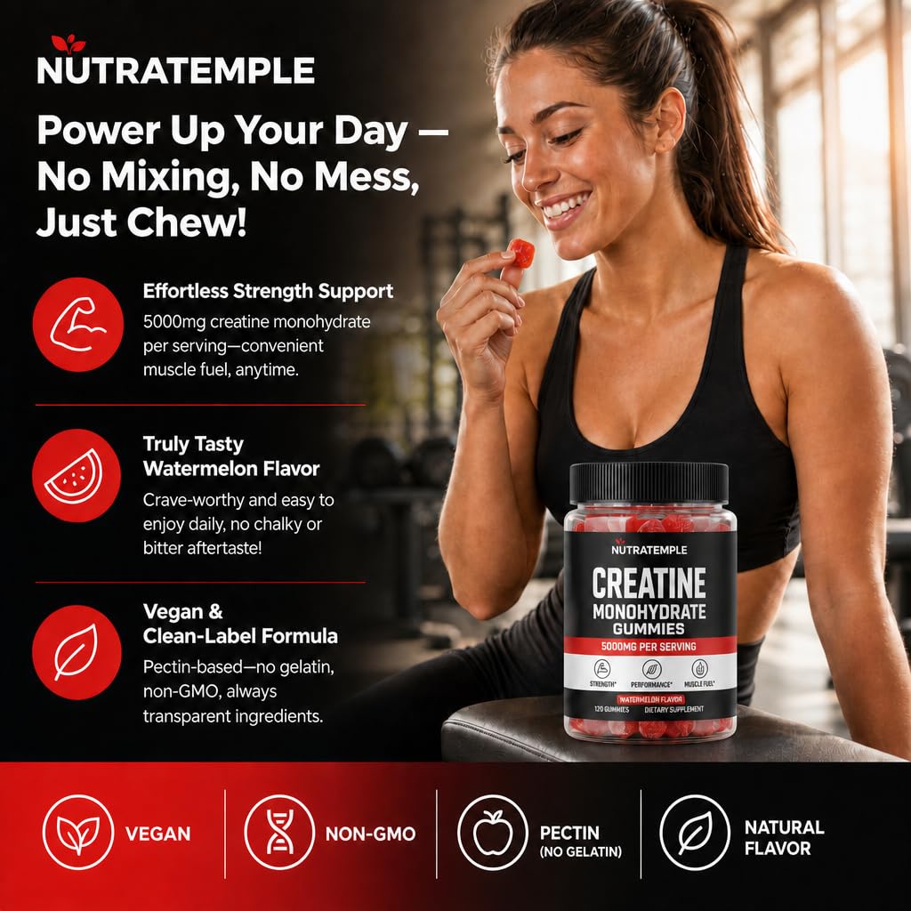 NUTRATEMPLE primer plano de una gummy resaltando la porción de creatina