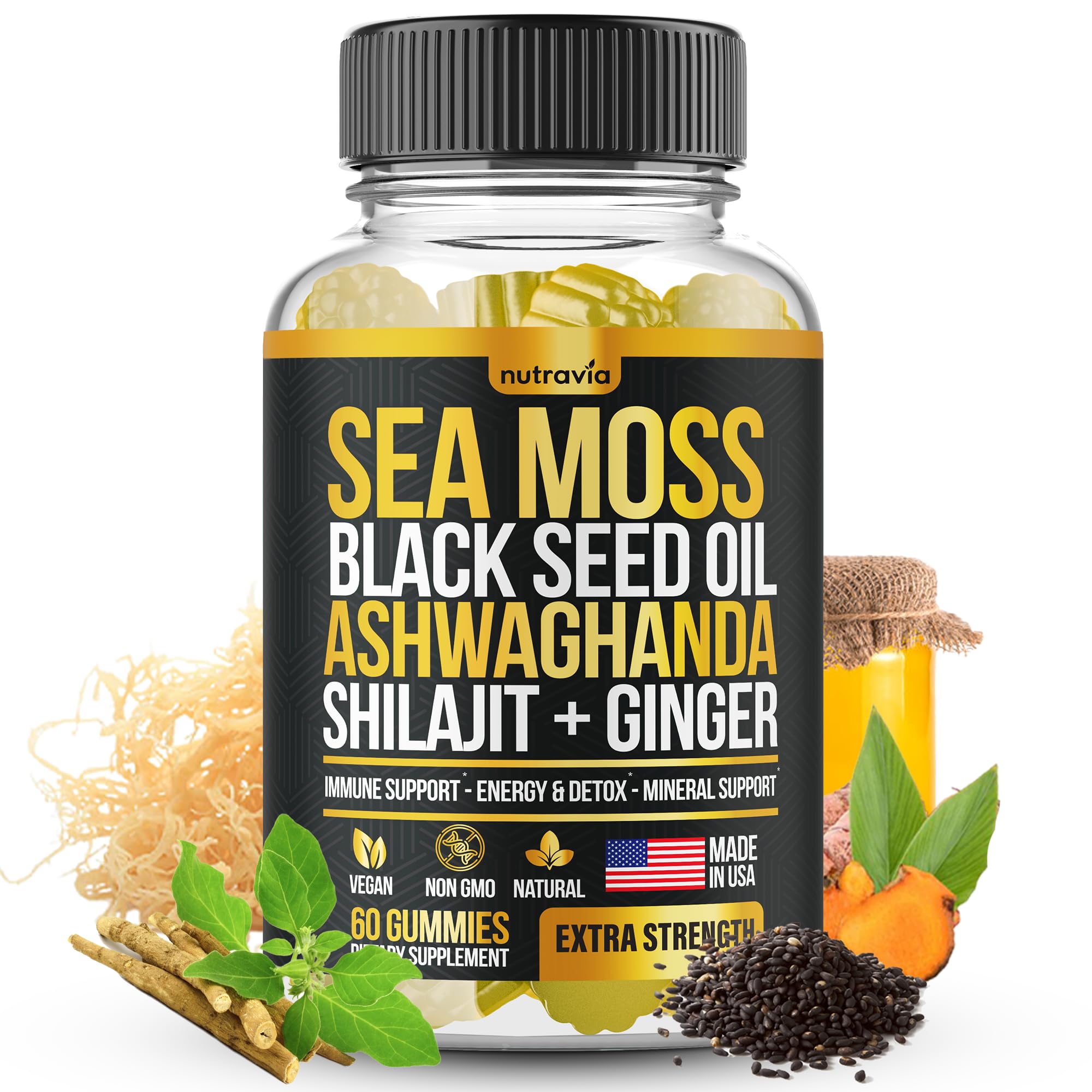 nutravia envase frontal de gomitas sea moss, conveniencia para la rutina