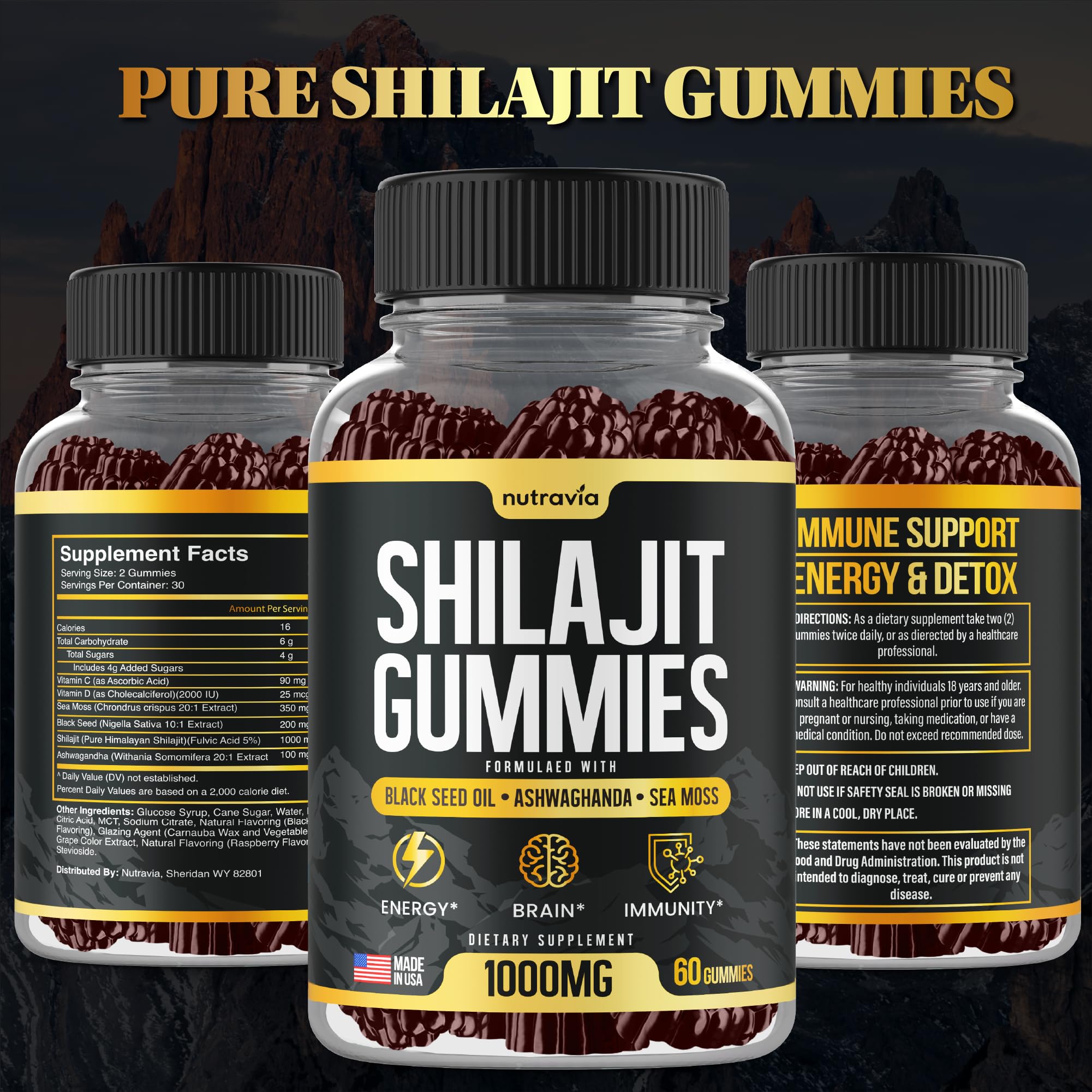 Nutravia gomitas con shilajit y sea moss simbolizando mezcla natural