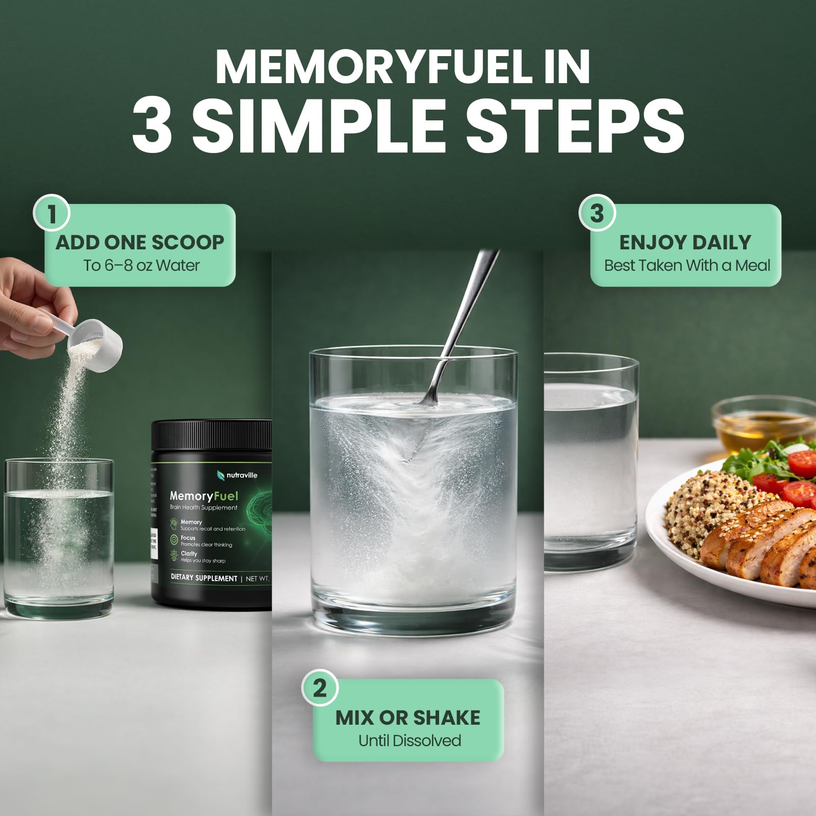 Nutraville MemoryFuel servido en una mano al lado de una taza indicando uso matutino