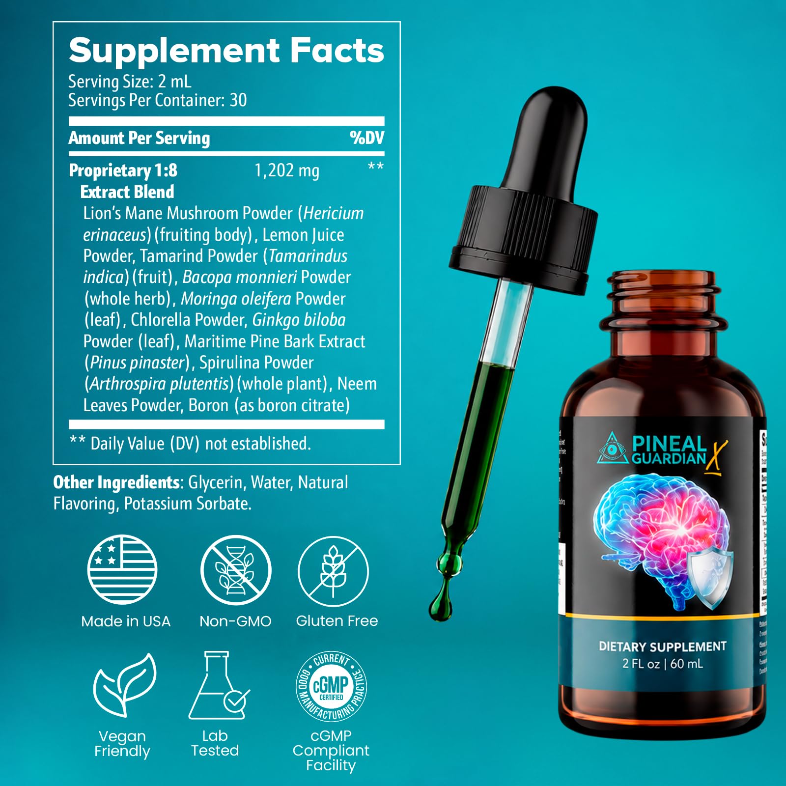 Nutraville Pineal Guardian X botella 60ml junto a una regla para escala clara