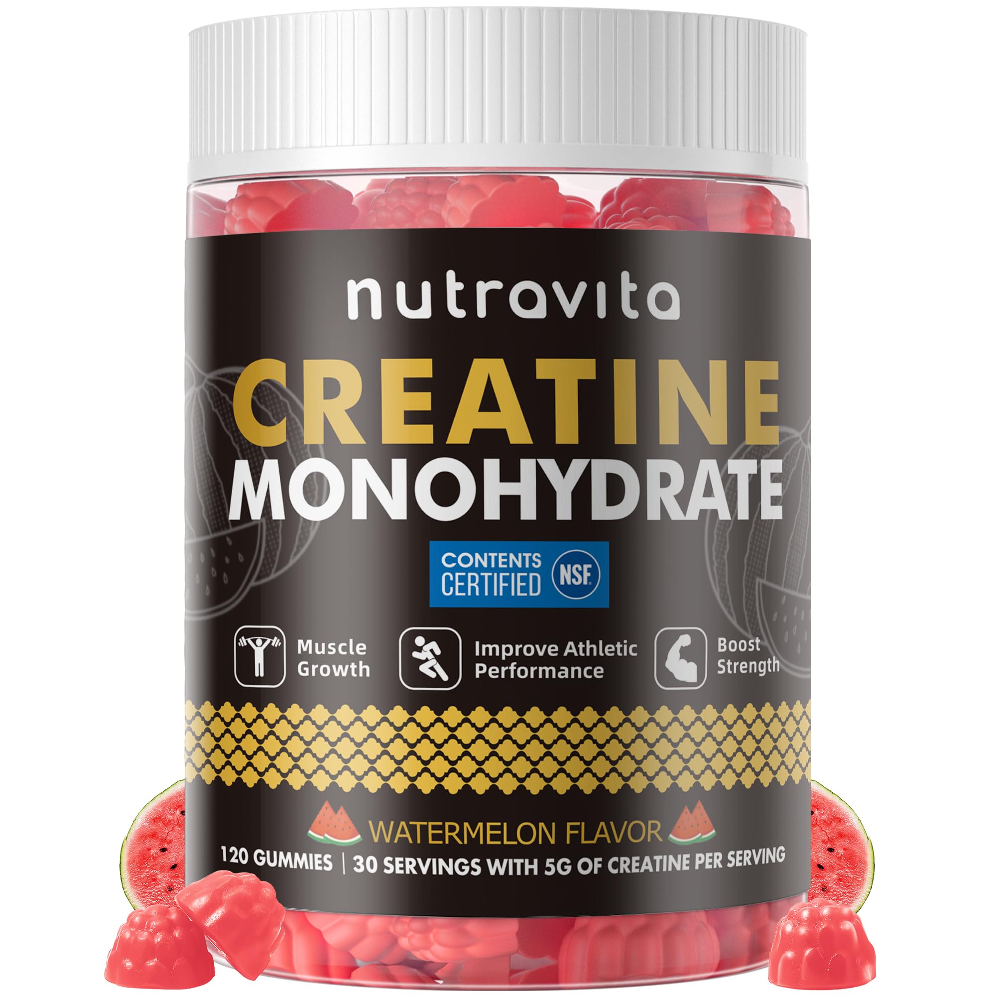 Nutravita frasco frontal que muestra 120 gominolas y marca NSF