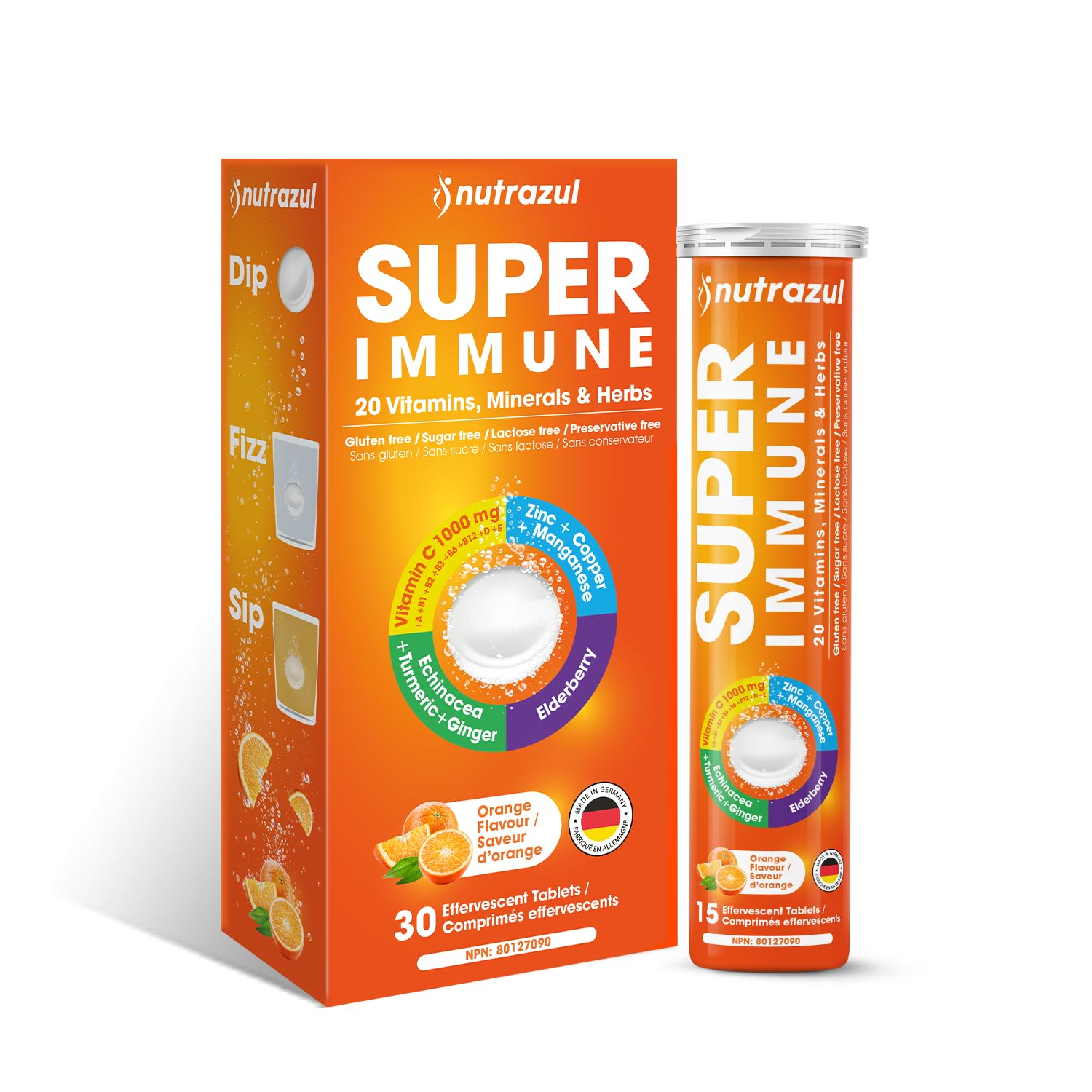 nutrazul frente del envase mostrando marca y sabor naranja para identificación rápida