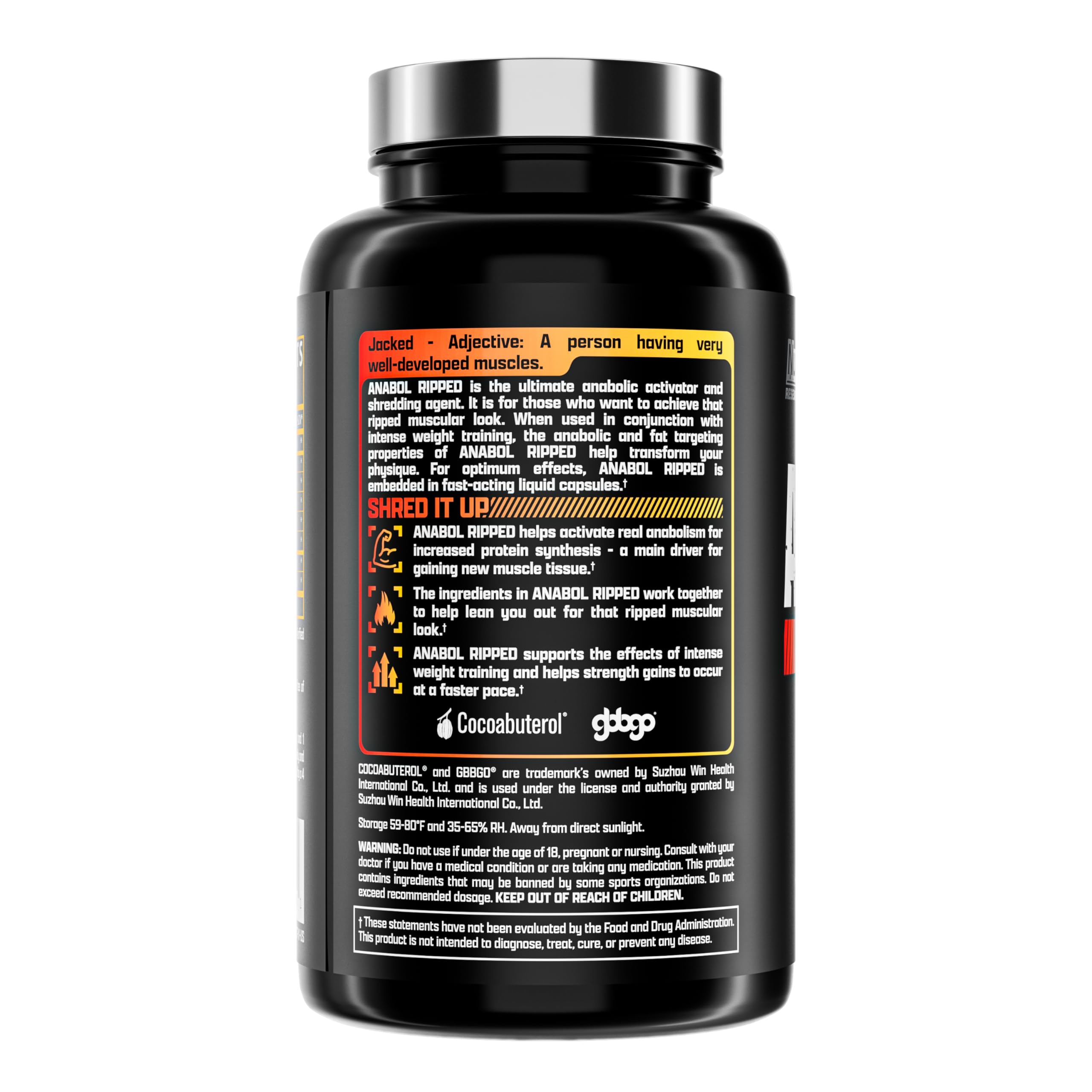 Nutrex Research Anabol Ripped comparación de tamaño con mano para referencia y dosificación clara