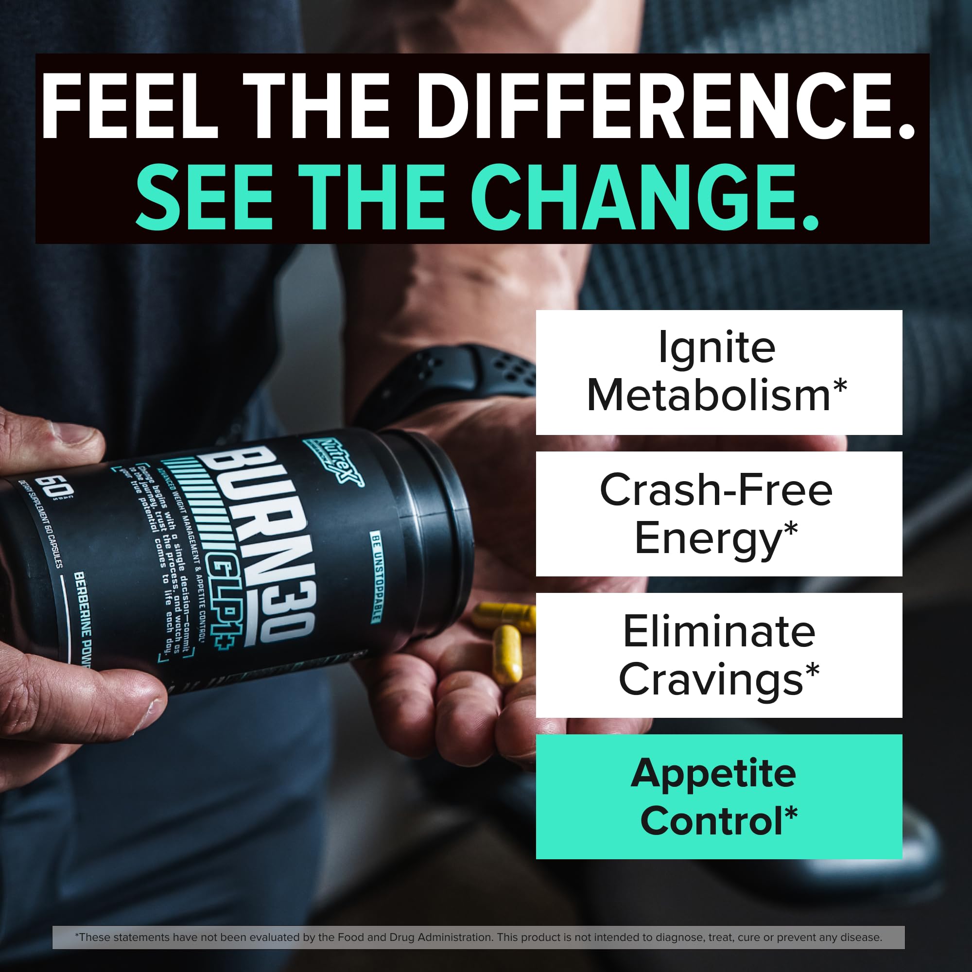 Nutrex Research BURN30 etiqueta con lista de ingredientes y respaldo clínico visible