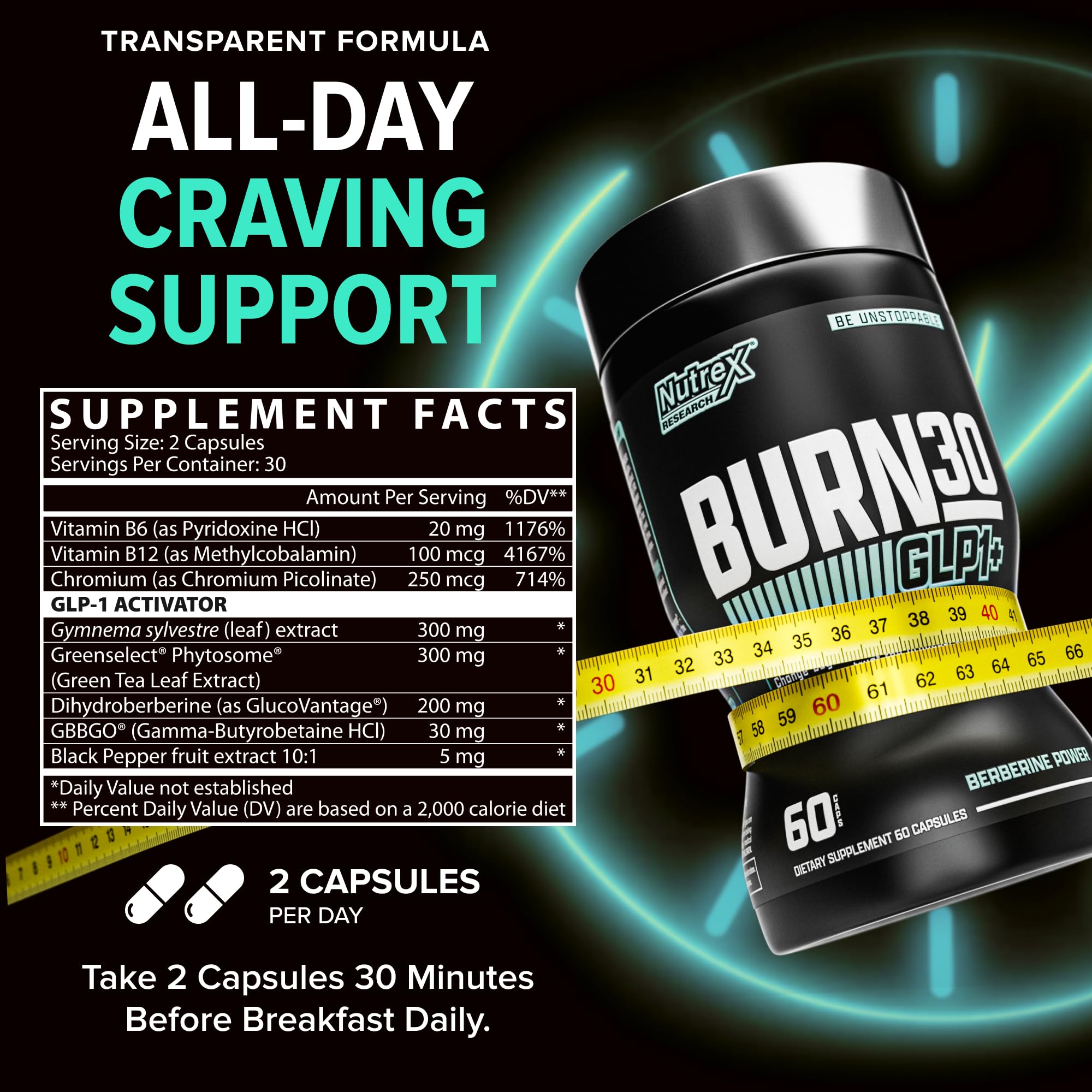 Nutrex Research BURN30 ingredientes activos con fichas destacando metabolismo y saciedad