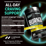 Nutrex Research BURN30 ingredientes activos con fichas destacando metabolismo y saciedad
