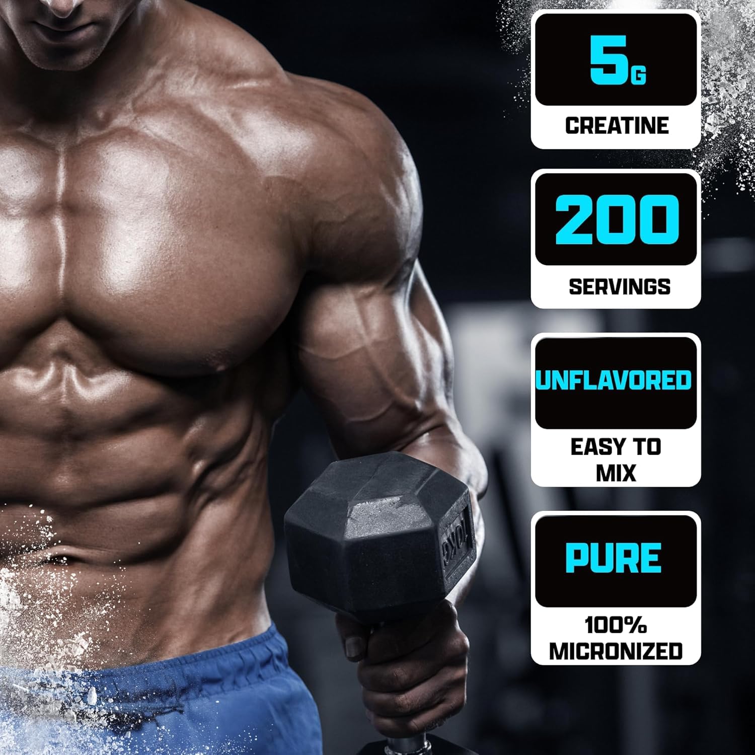 Nutrex Research creatina textura en primer plano, polvo micronizado fácil de disolver