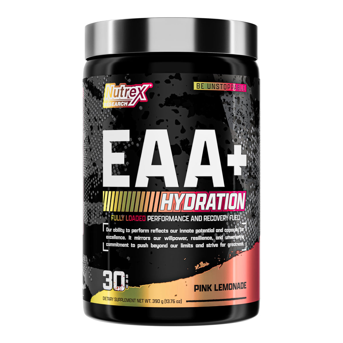 Nutrex Research bote frontal con etiqueta clara y sabor Pink Lemonade, ofrece fácil identificación