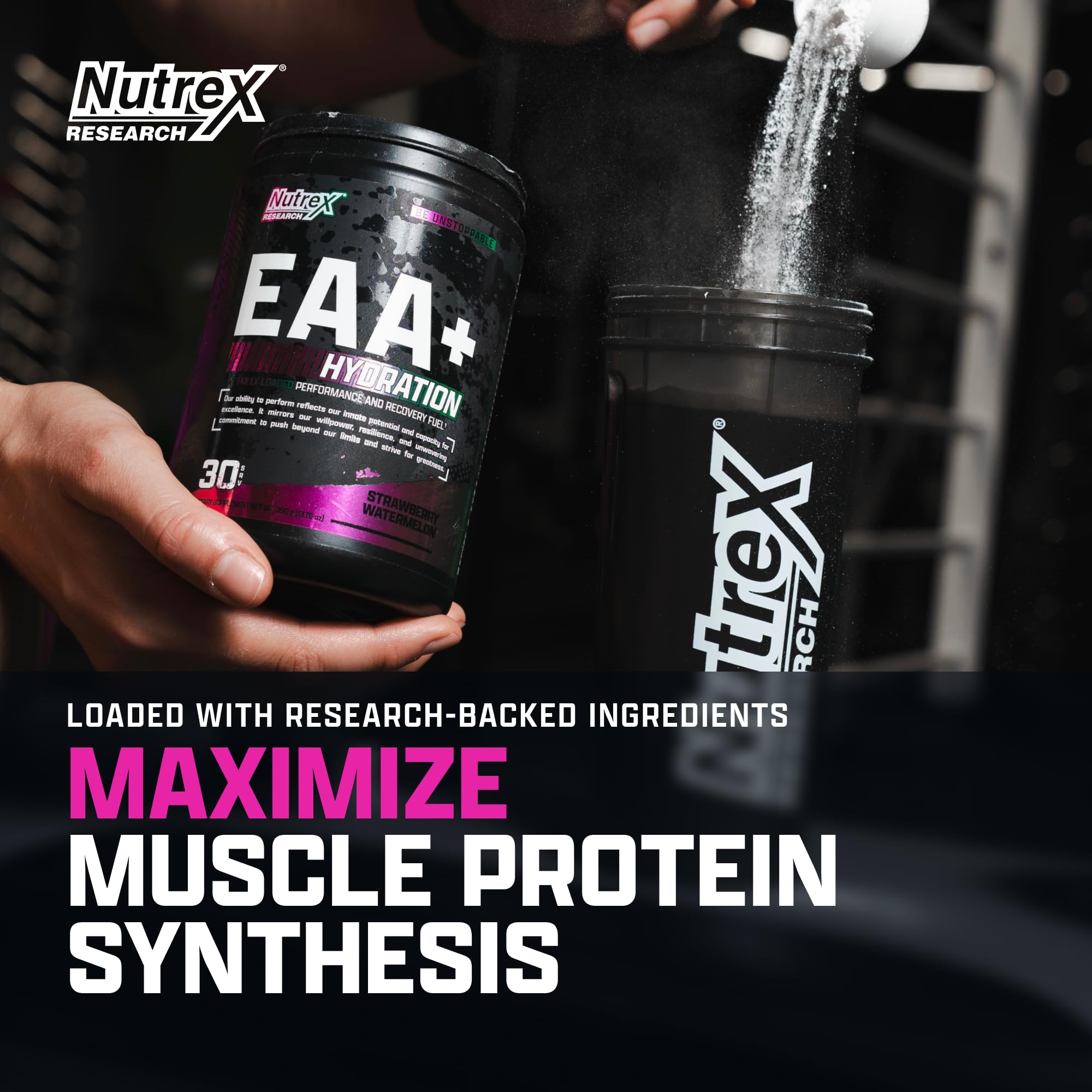 Nutrex Research textura del polvo en primer plano, mezcla soluble rápida
