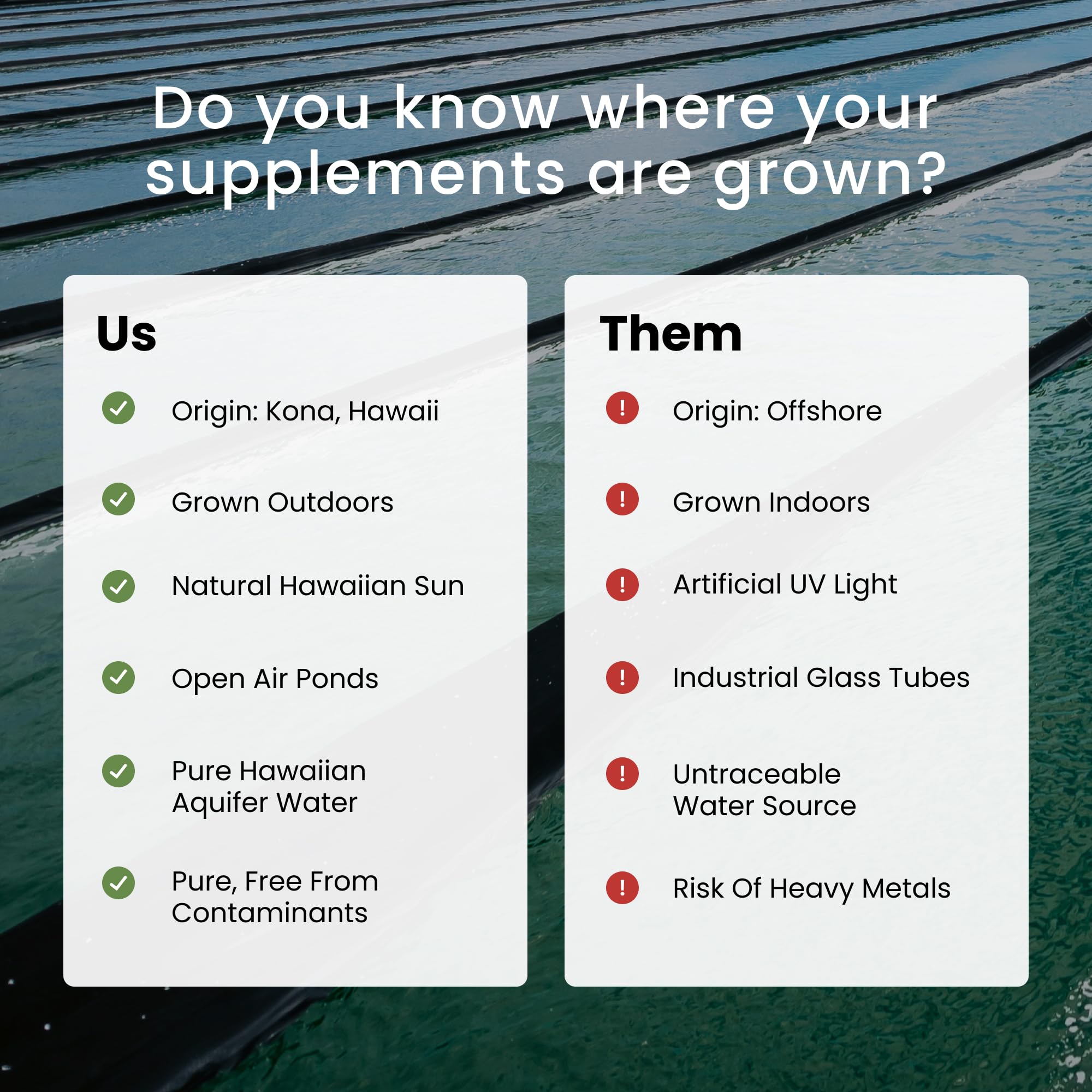 Nutrex Hawaii estanques de cultivo en Kona que muestran origen natural