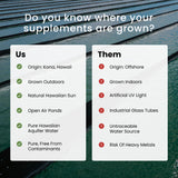 Nutrex Hawaii estanques en Kona mostrando cultivo sostenible y trazabilidad