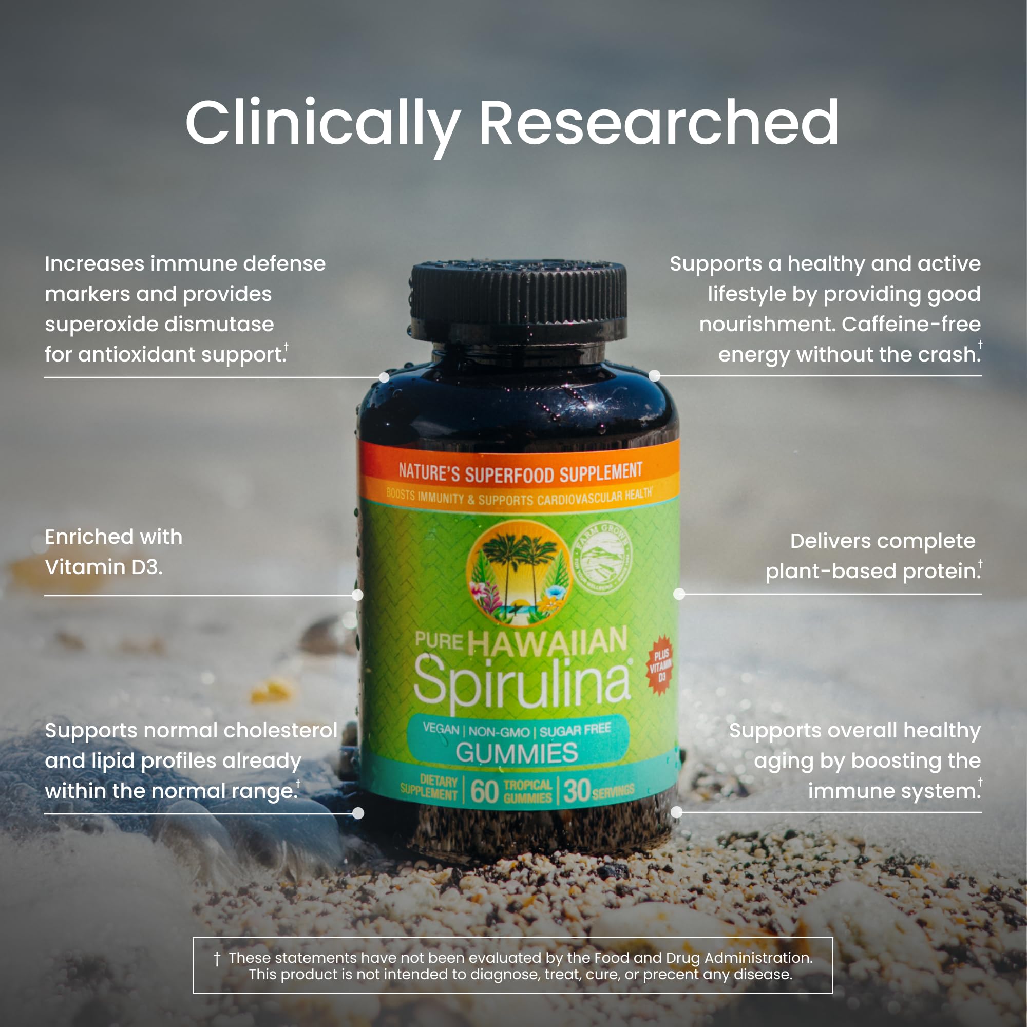 Nutrex Hawaii spirulina y agua de cultivo ilustrando origen Kona puro