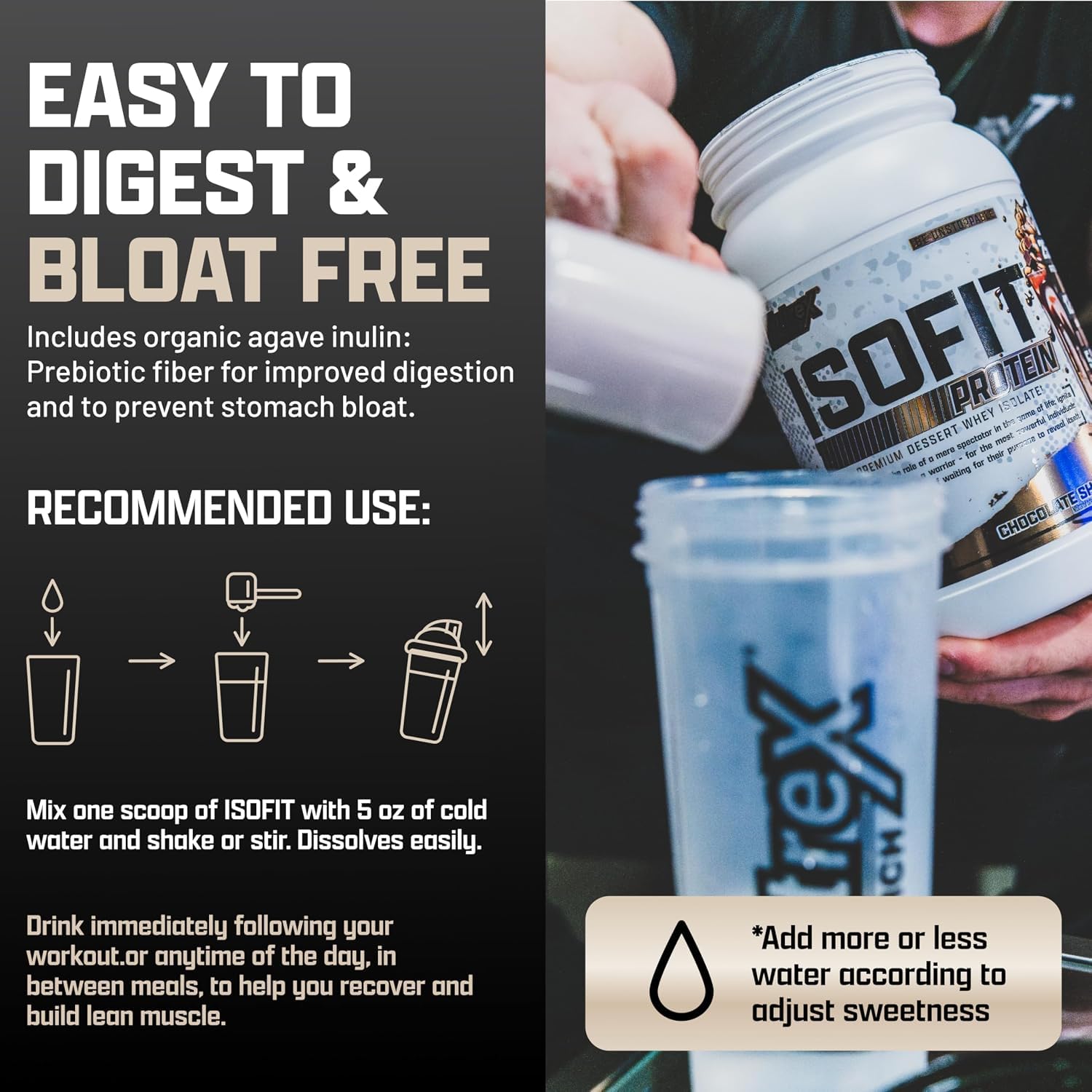 Nutrex IsoFit textura del polvo instantizado que facilita mezcla y digestión