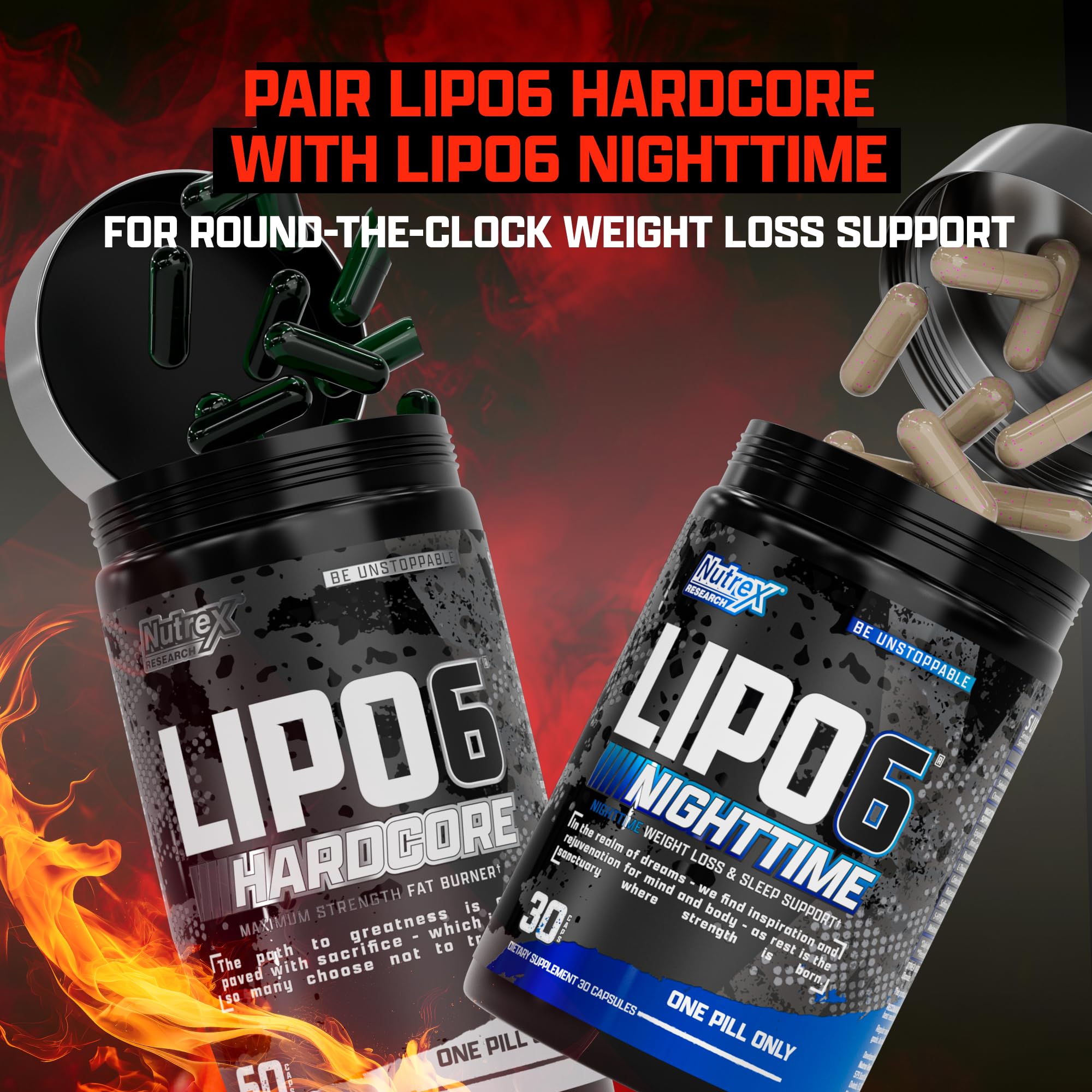 Nutrex Research lipo-6 cápsulas junto a una mano para comparar tamaño y dosificación