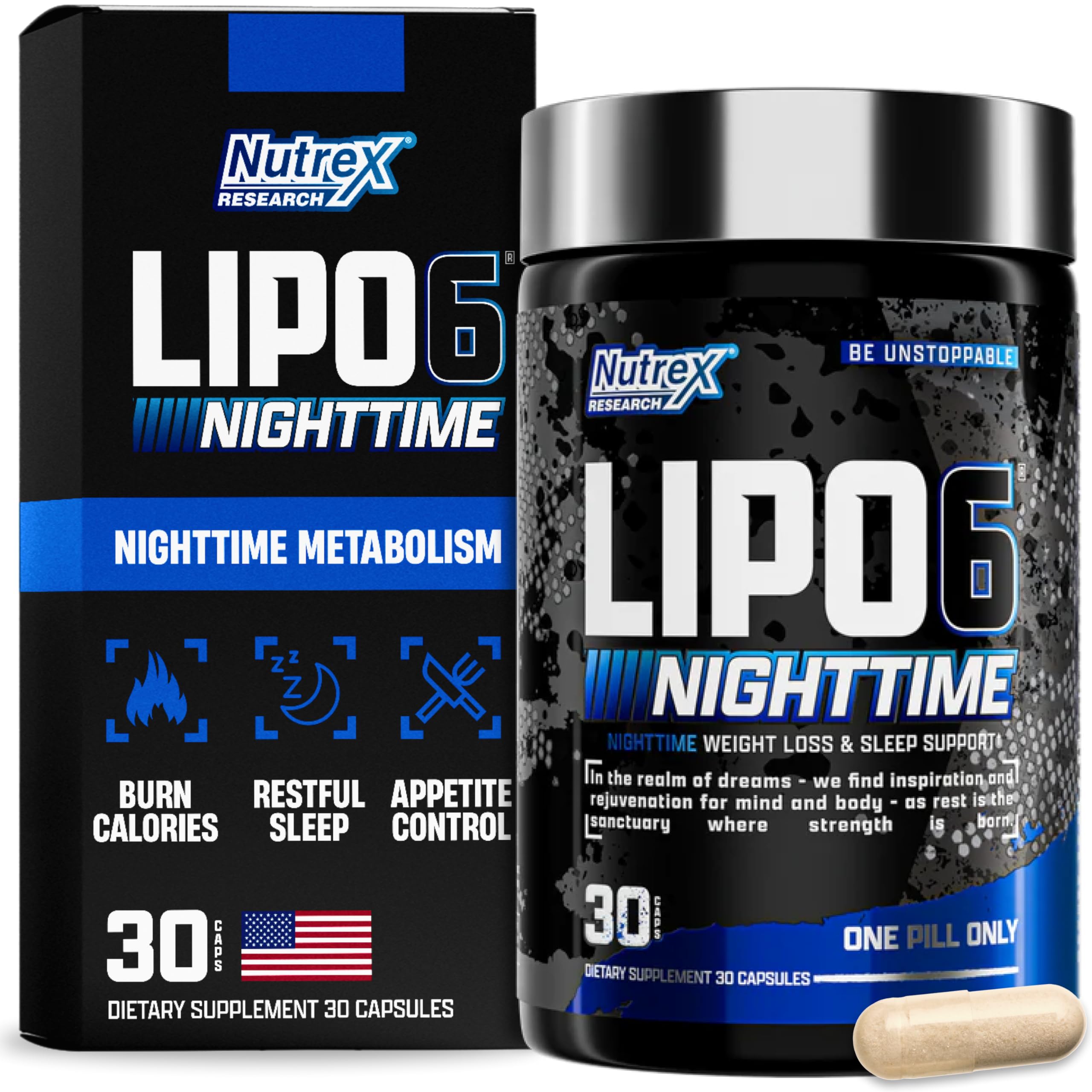 Nutrex Lipo-6 Black Nighttime frasco frontal mostrando presentación y beneficio quemagrasa