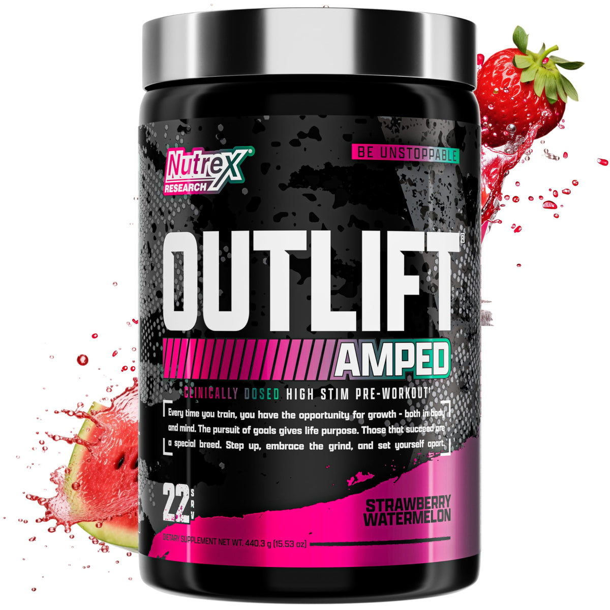 Nutrex OUTLIFT Amped frente del envase mostrando 22 porciones y sabor
