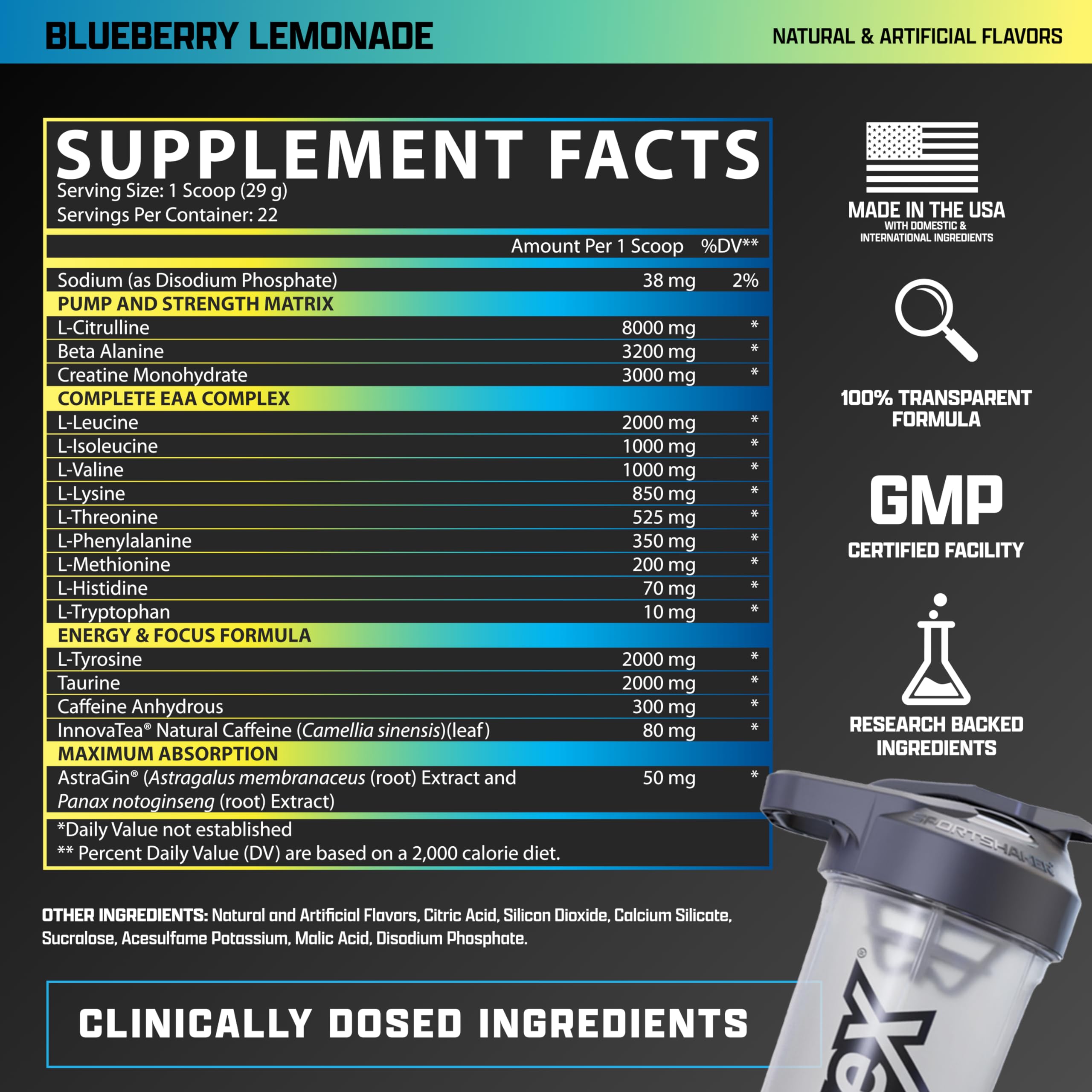 Etiqueta de Nutrex Outlift con información nutricional y dosis completas, transparencia de ingredientes