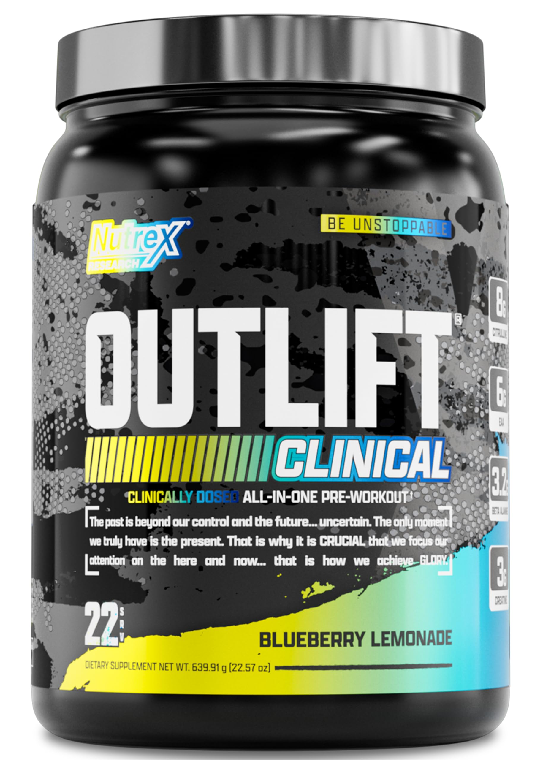 Nutrex Outlift frente del envase mostrando diseño y sabor Blueberry Lemonade, fácil identificación de producto