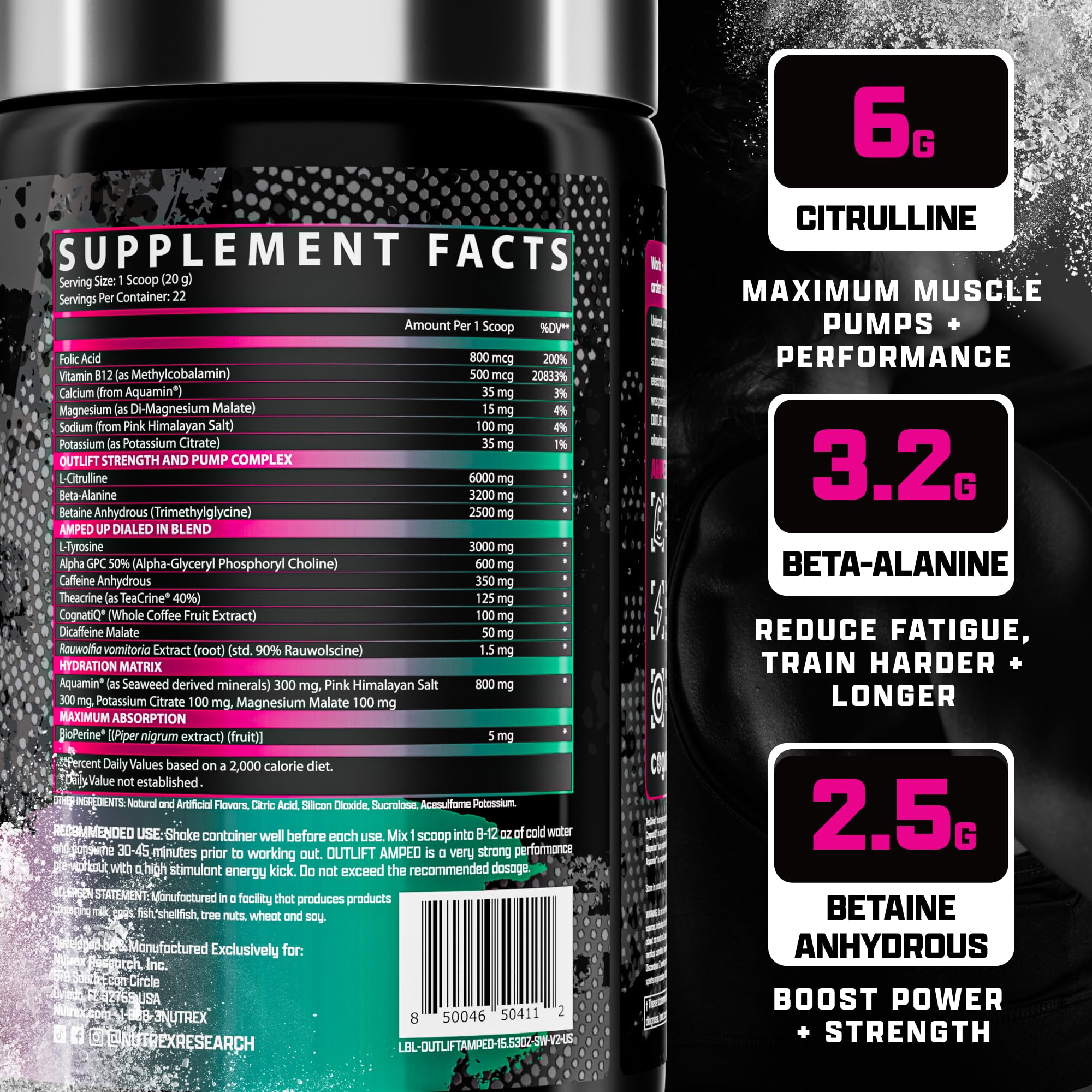 Nutrex OUTLIFT uso antes de sentadilla ilustrando energía y enfoque