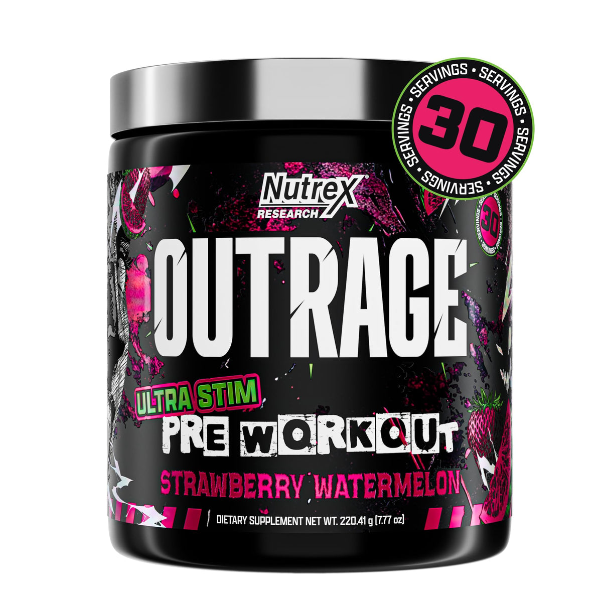 Nutrex Outrage envase frontal sabor Fresa Sandía mostrando diseño y dosis clara