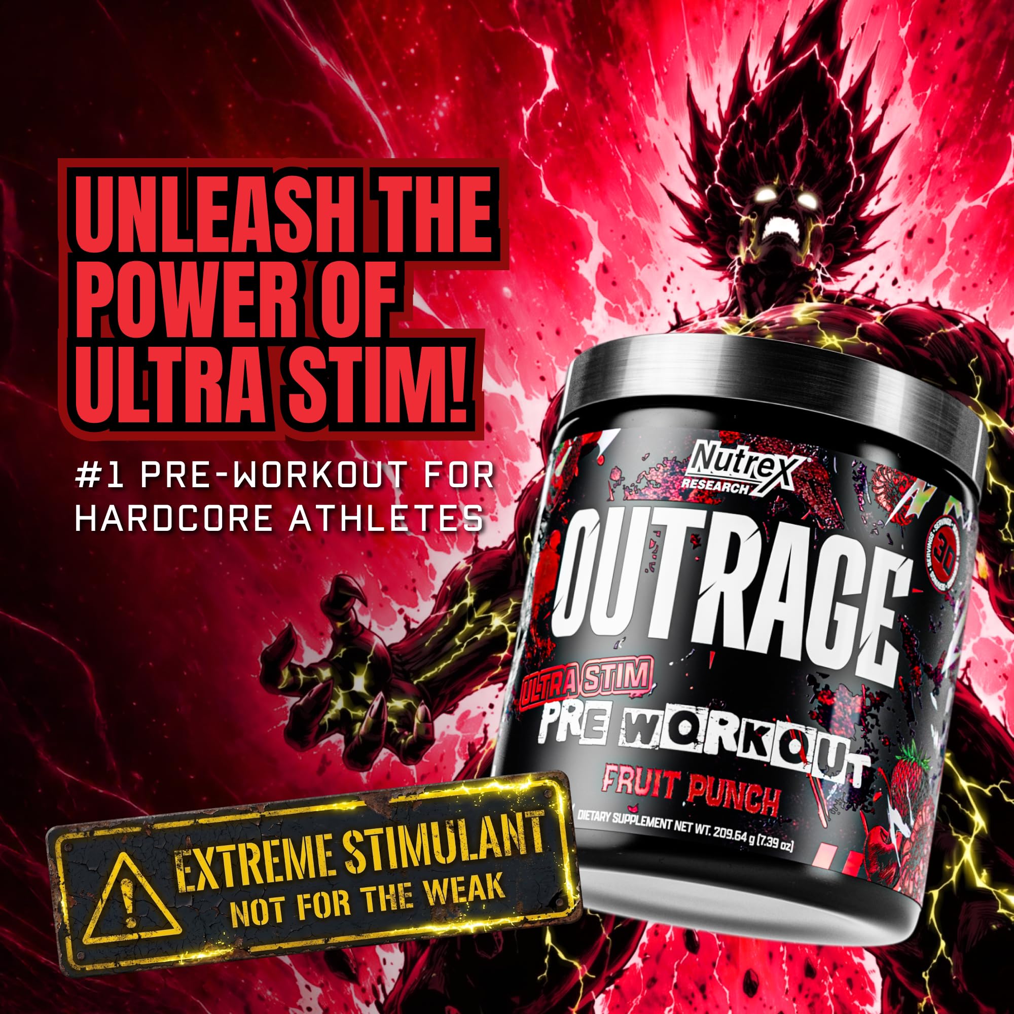 Close-up del polvo Nutrex Outrage mostrando textura y fácil disolución