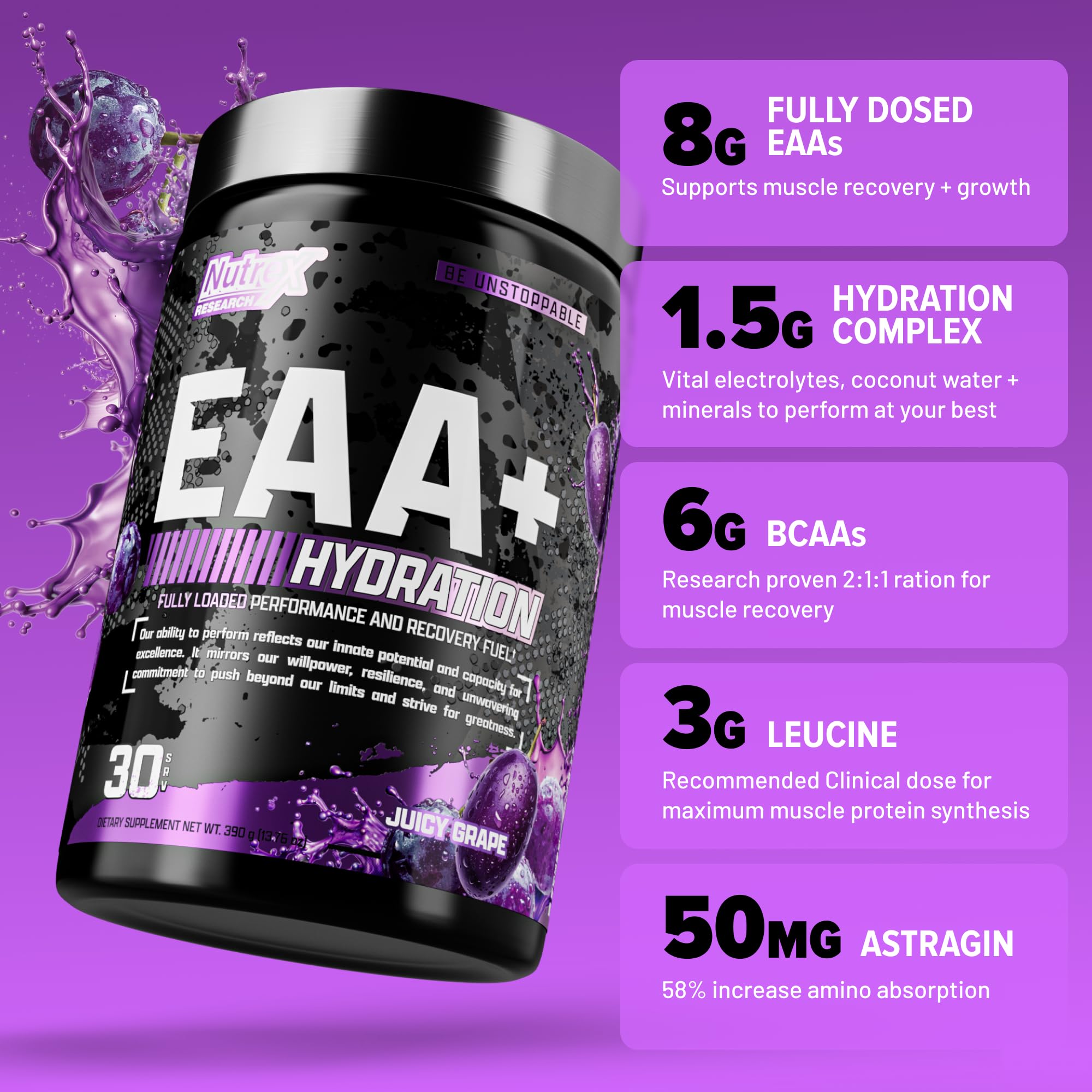 Nutrex Research etiqueta con ingredientes destacando EAAs y electrolitos