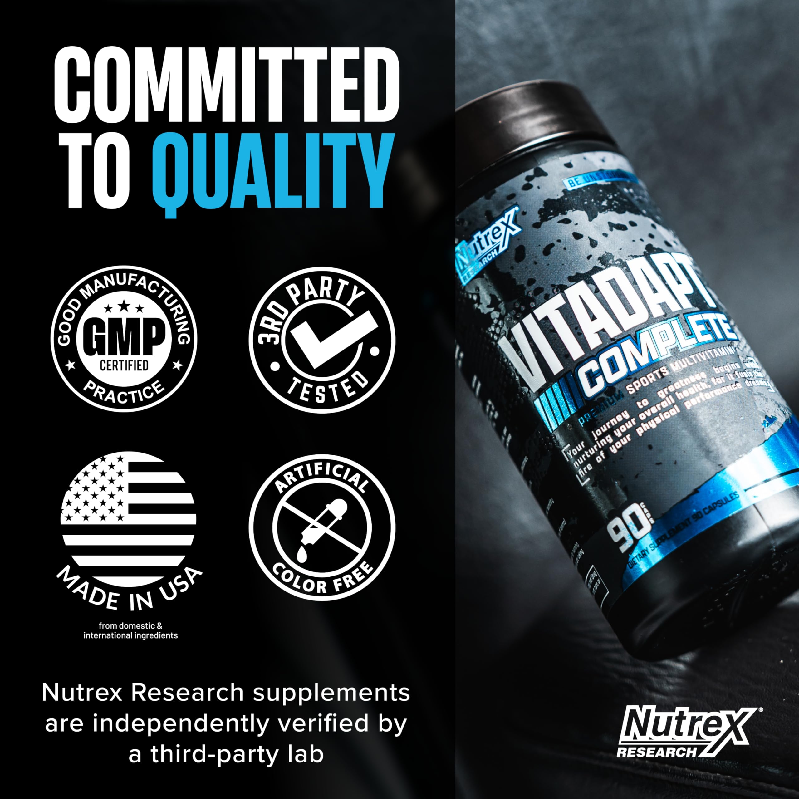 Nutrex Research Vitadapt en ambiente de gimnasio con pesas, evoca enfoque deportivo y uso regular