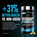 Nutrex Research Vitadapt botella abierta con cápsulas dispersas, presenta dosificación y contenido