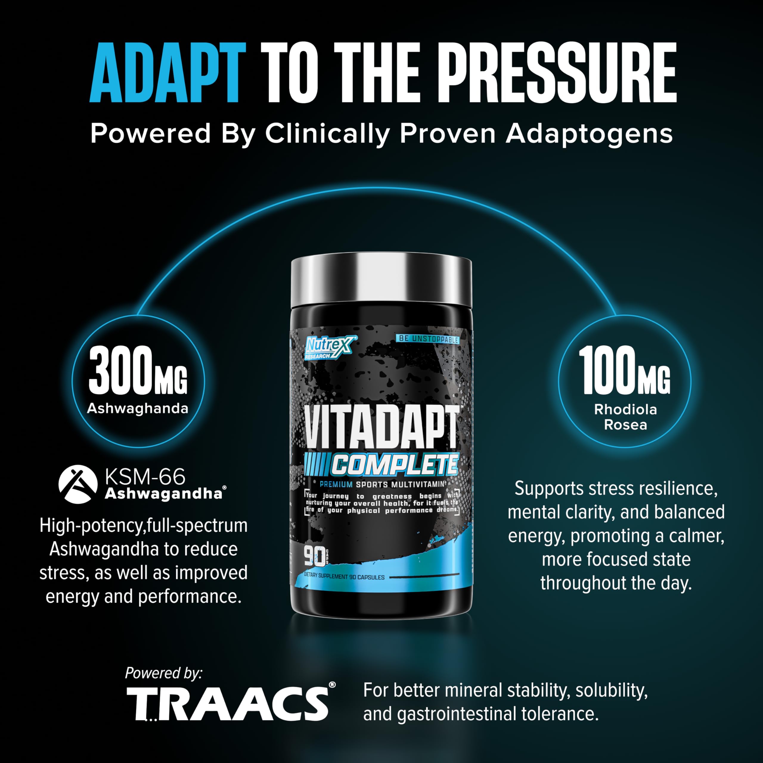 Nutrex Research Vitadapt etiqueta con listado de ingredientes, facilita conocer adaptógenos y vitaminas