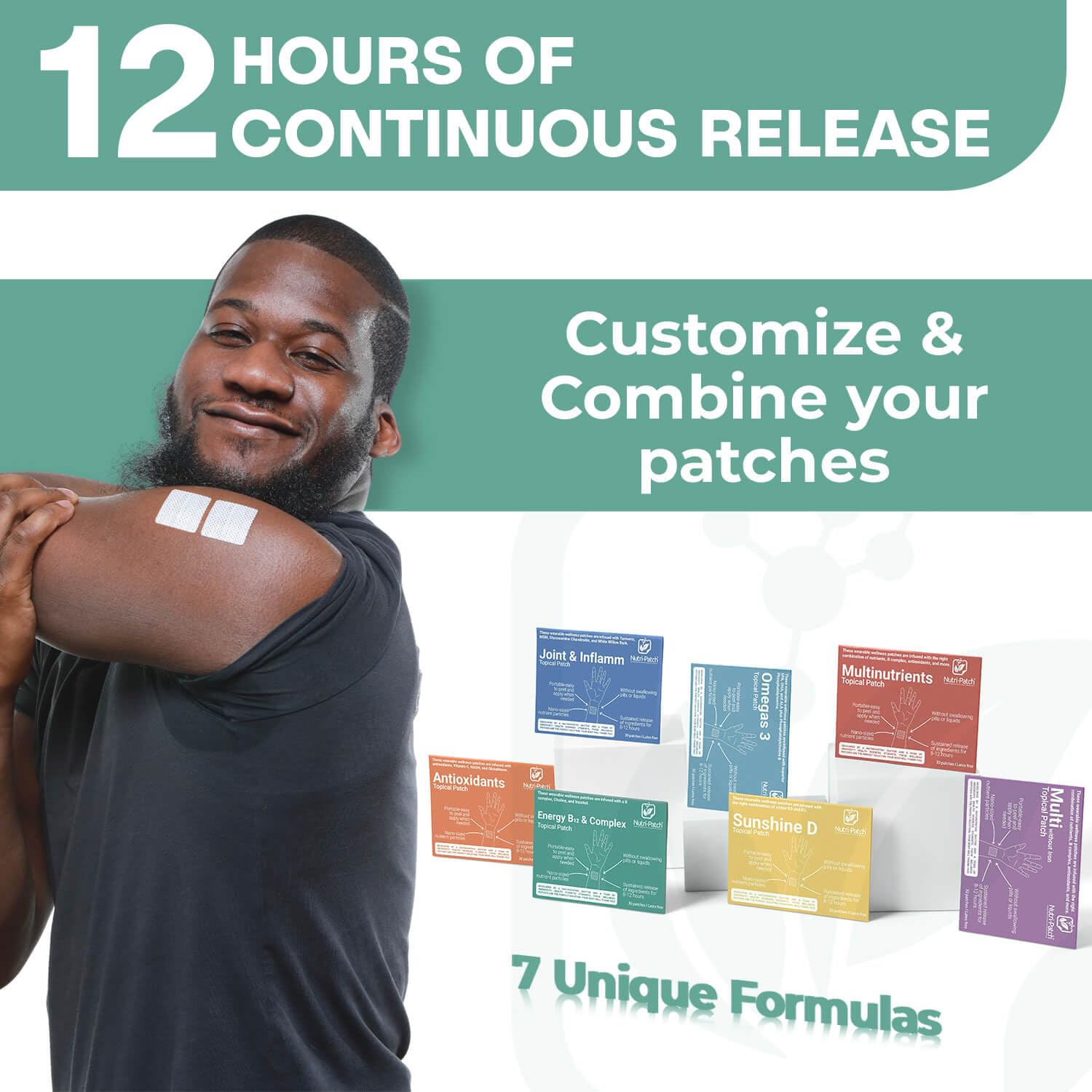 NUTRI-PATCH parche aplicado en brazo ofreciendo liberación continua
