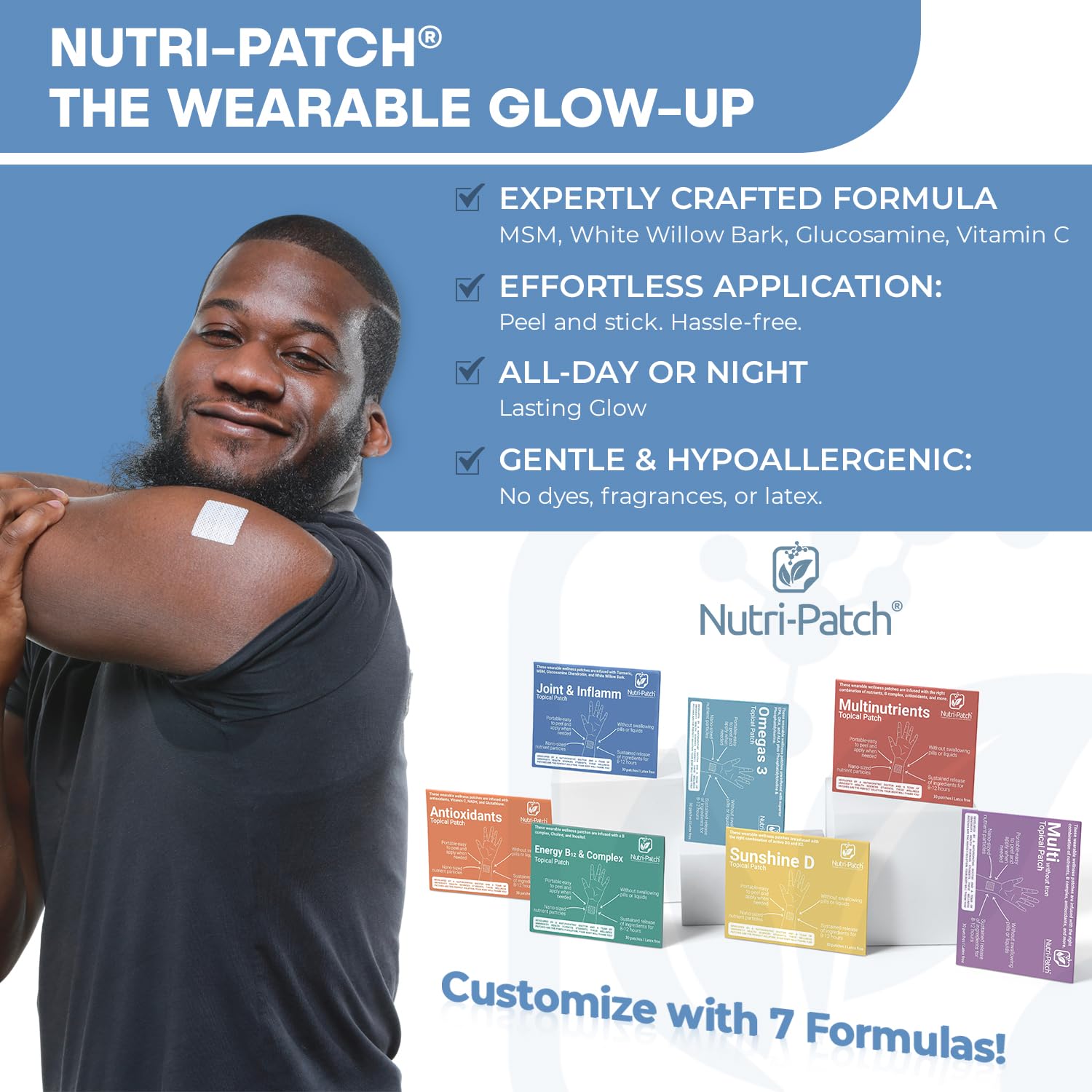 NUTRI-PATCH parche aplicado en muñeca para uso discreto diario