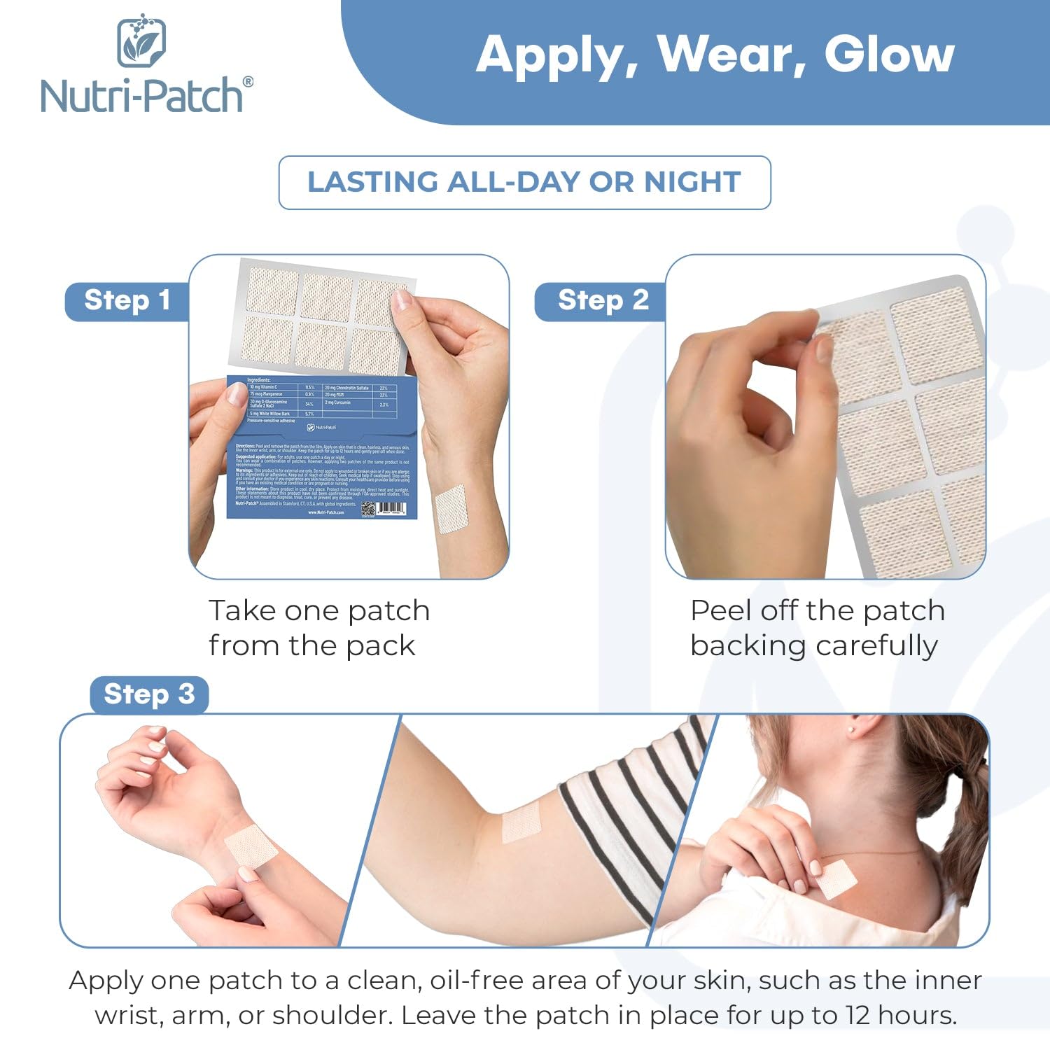 NUTRI-PATCH tamaño del parche comparado con mano para referencia