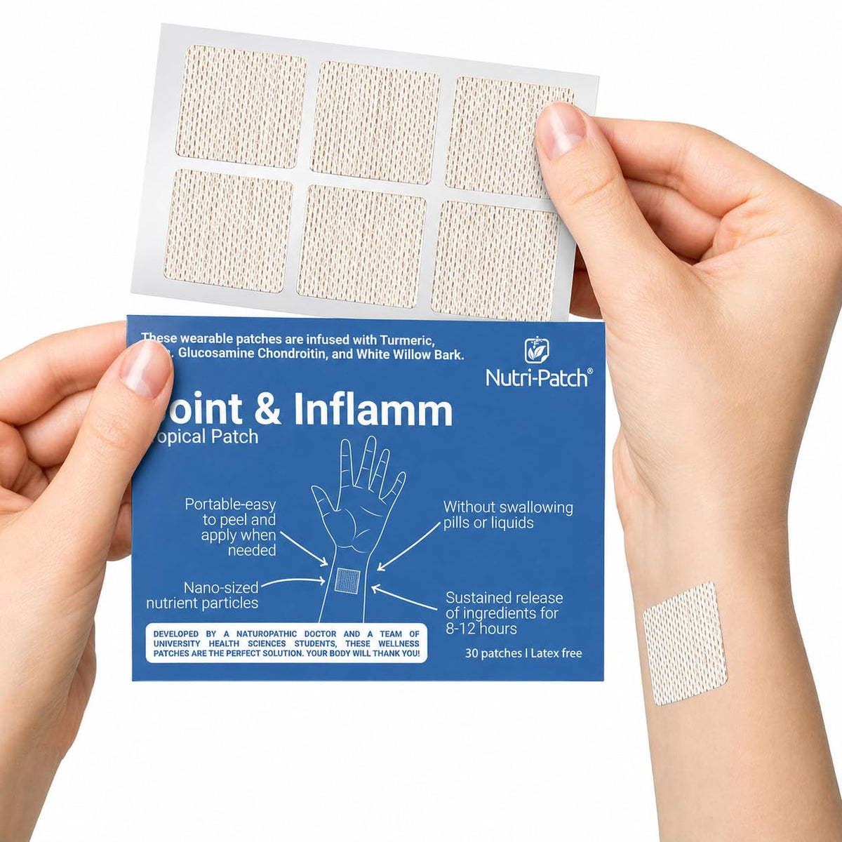 NUTRI-PATCH empaque frontal mostrando 30 parches y fácil transporte