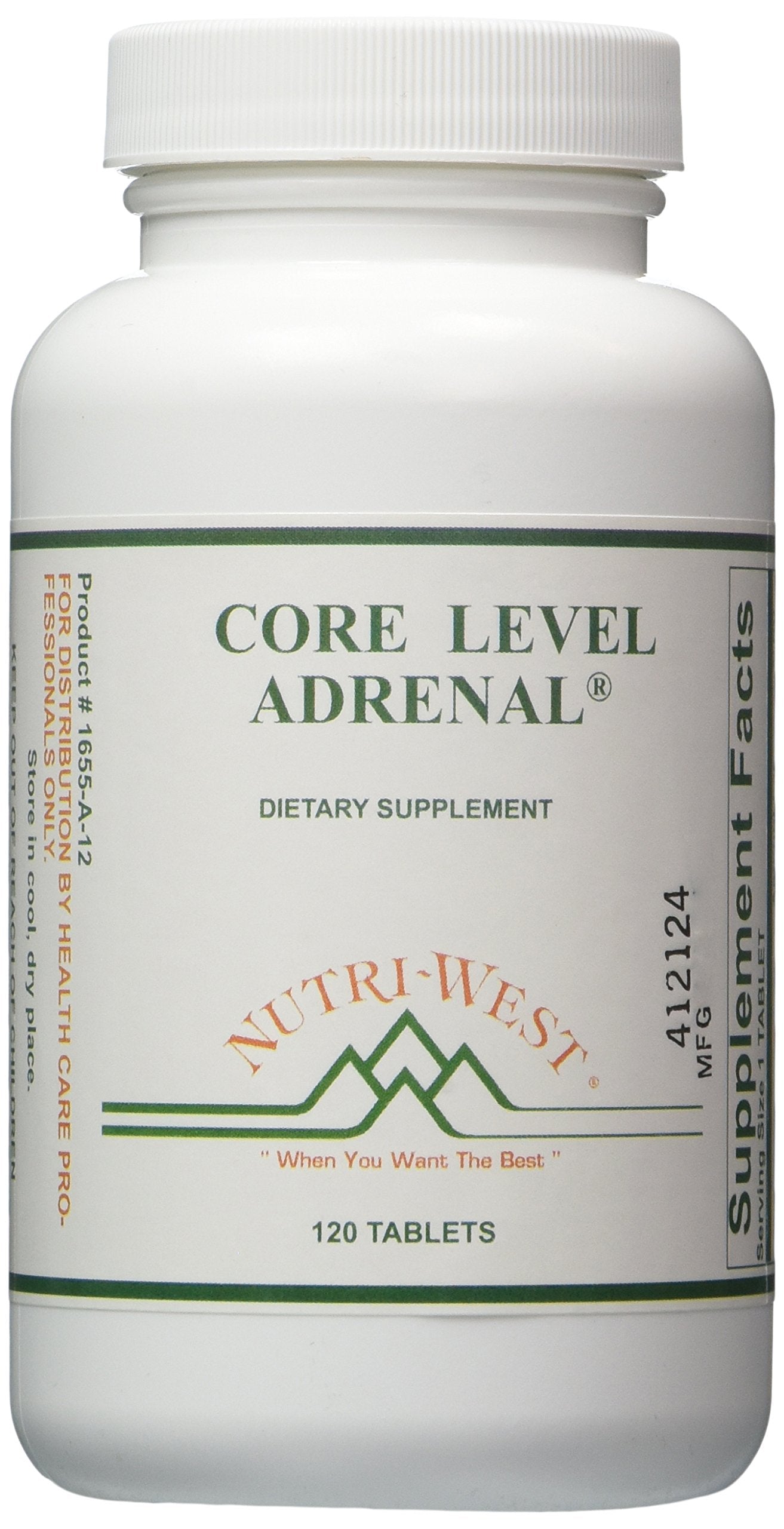 Nutri-West envase frontal de Core Level Adrenal mostrando 120 cápsulas y aporte para energía