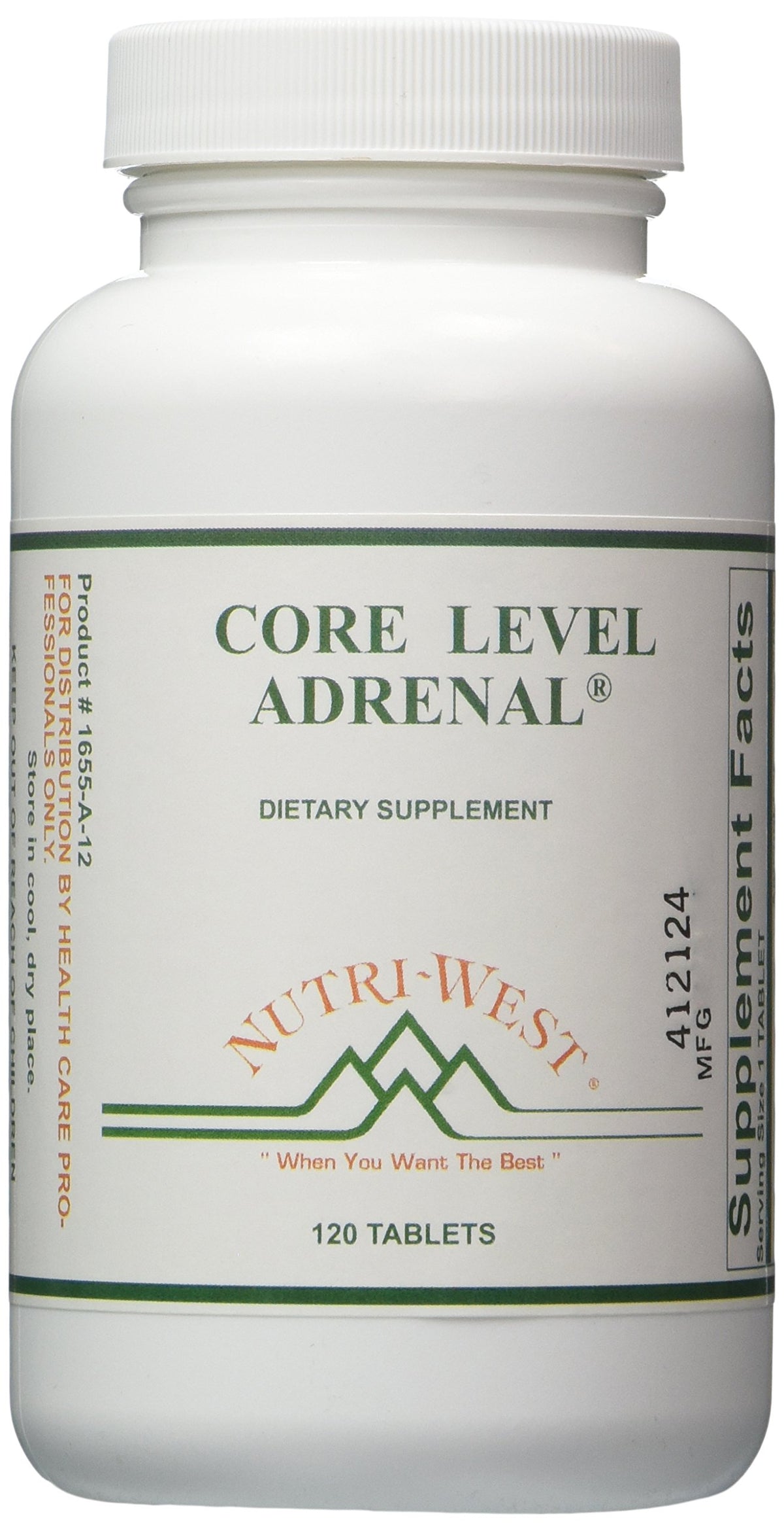 Nutri-West envase frontal de Core Level Adrenal mostrando 120 cápsulas y aporte para energía