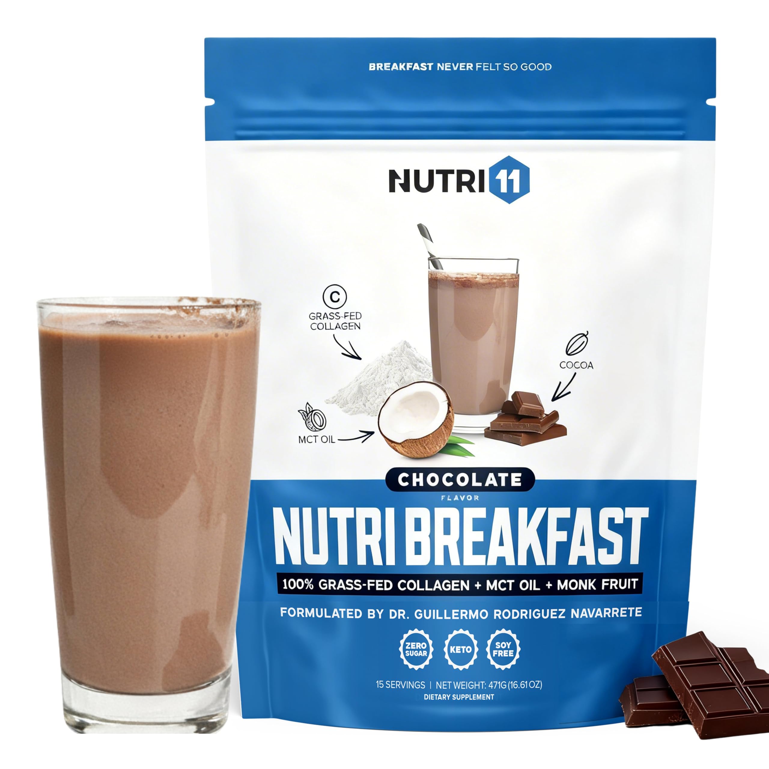 Nutri11 envase frontal NutriBreakfast chocolate mostrando beneficio práctico