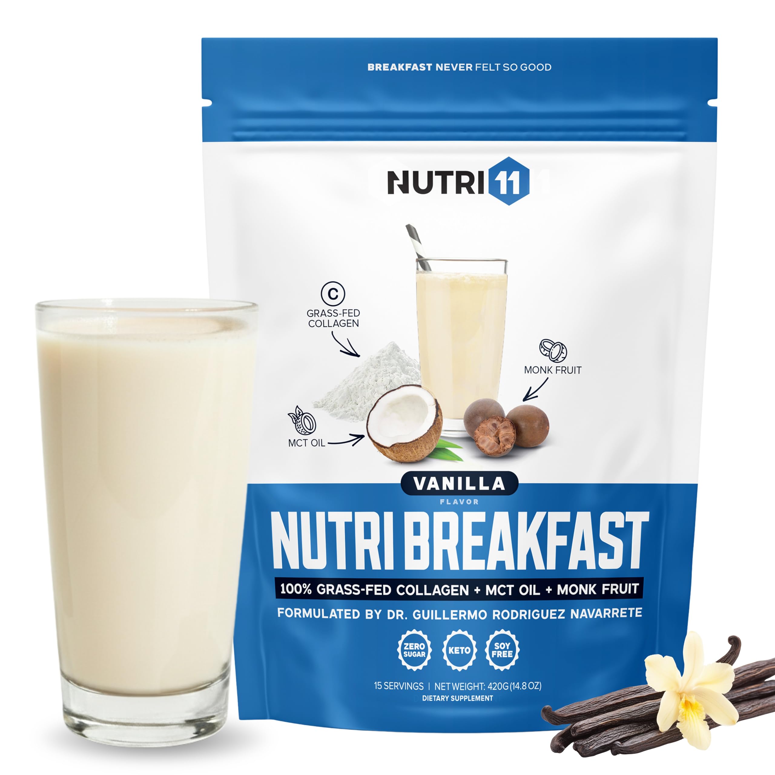 Nutri11 envase frontal sabor vainilla mostrando marca y beneficios