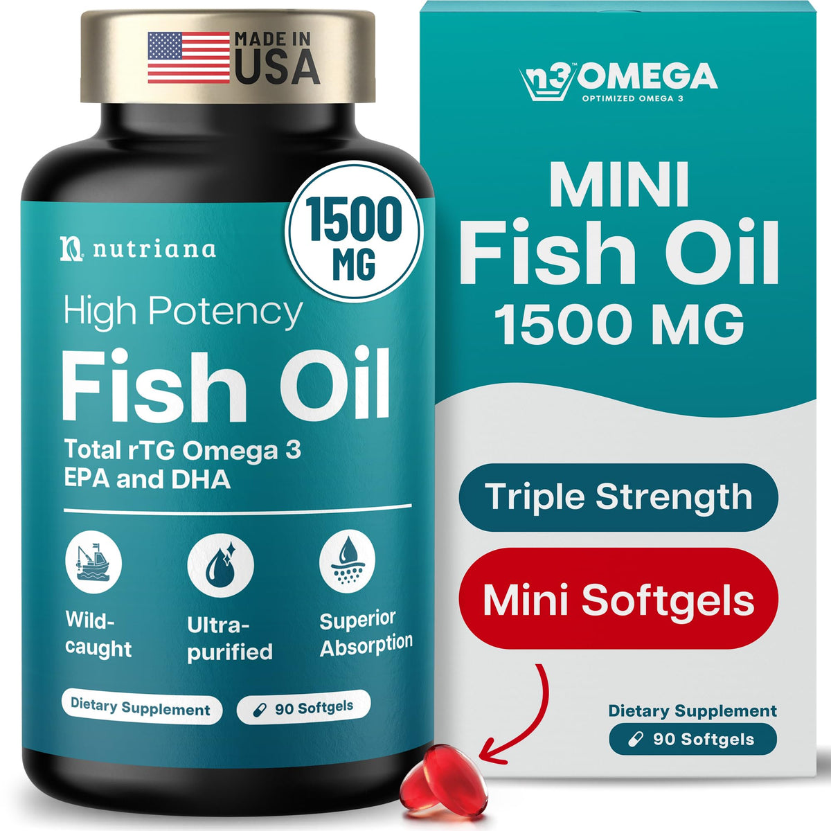 Nutriana frasco frontal mostrando 90 cápsulas y alta potencia omega‑3