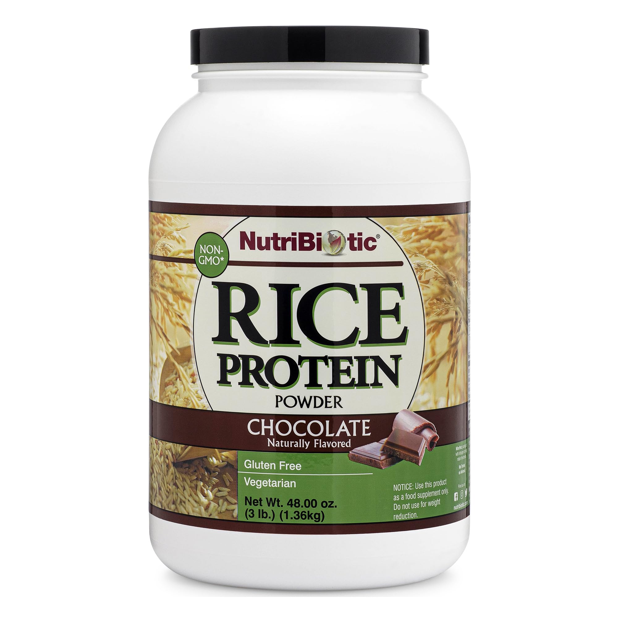NutriBiotic frontal del empaque mostrando beneficios y sabor chocolate
