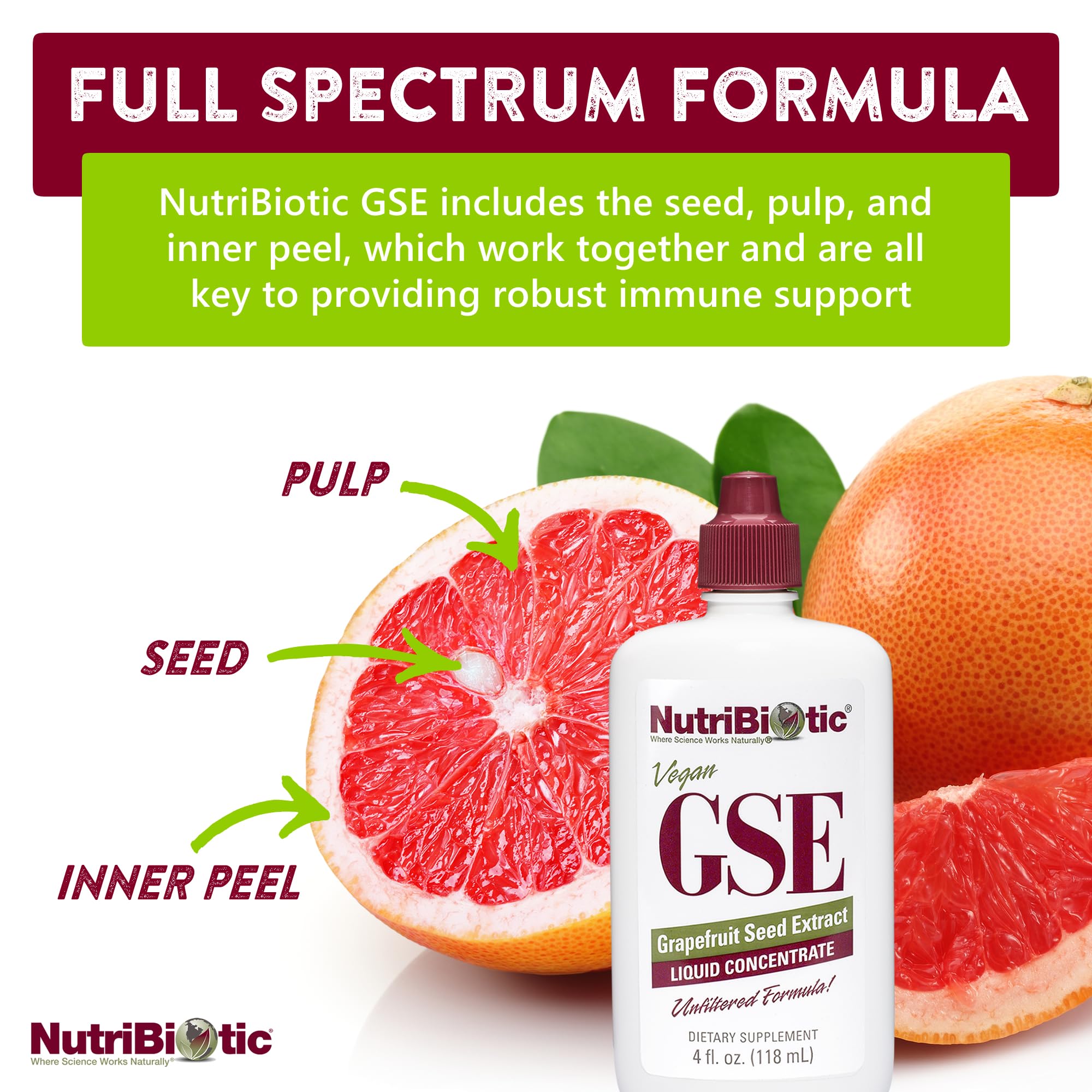 NutriBiotic comparación de tamaño 4 oz junto a objetos cotidianos útil para referencia
