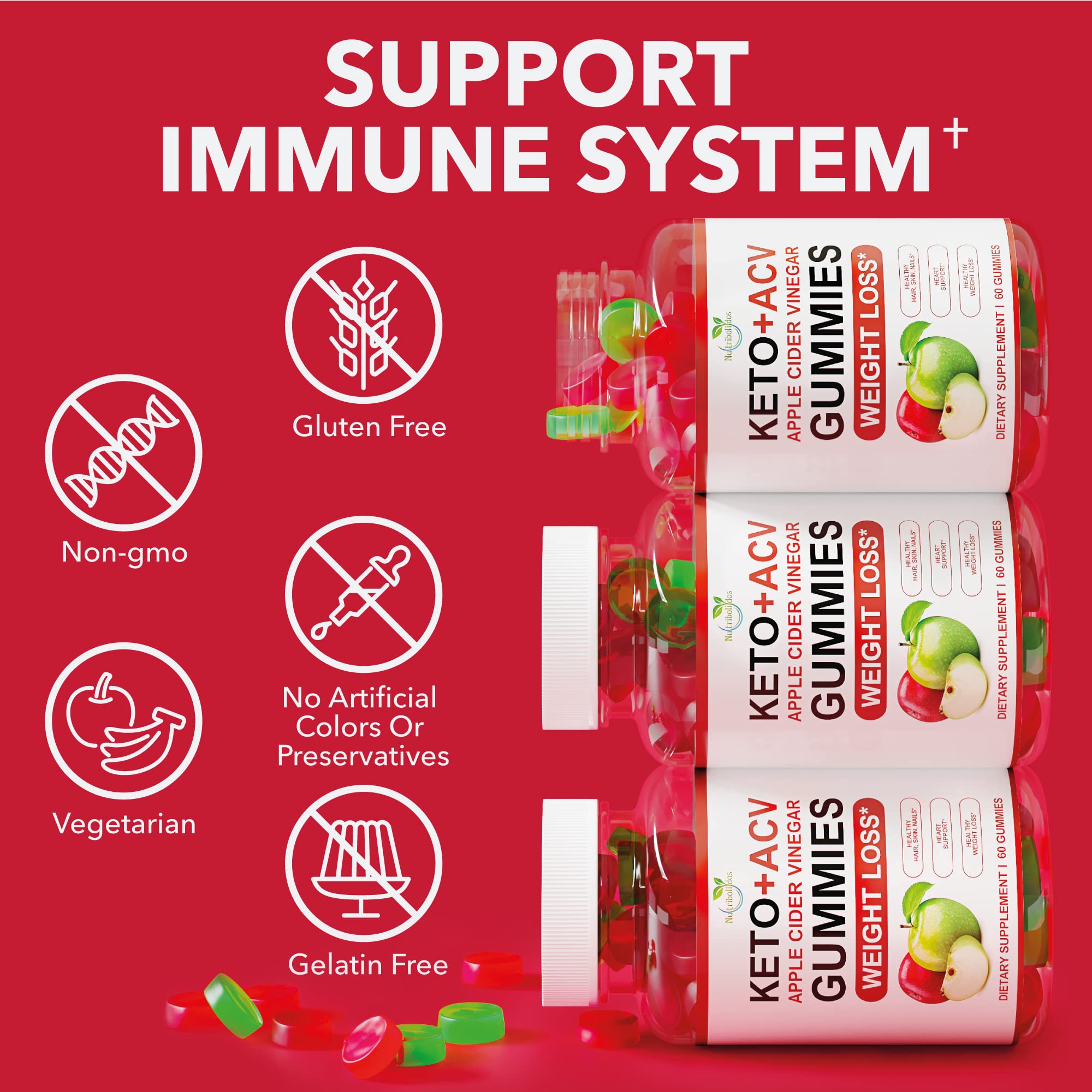 Nutribolidos gomitas en mesa con alimentos keto, complemento diario