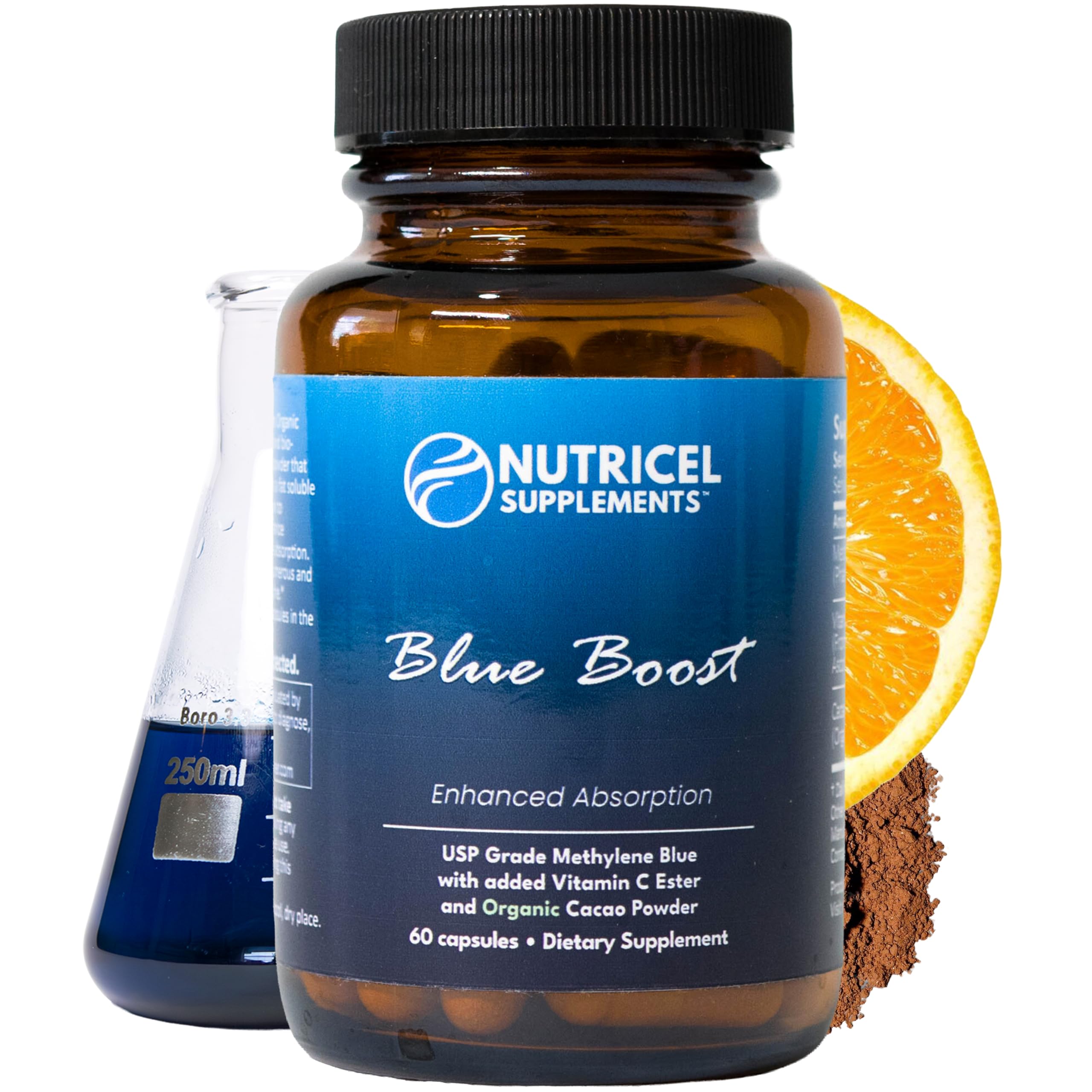 Nutricel envase frontal del suplemento azul de metileno, presentación clara y dosificada