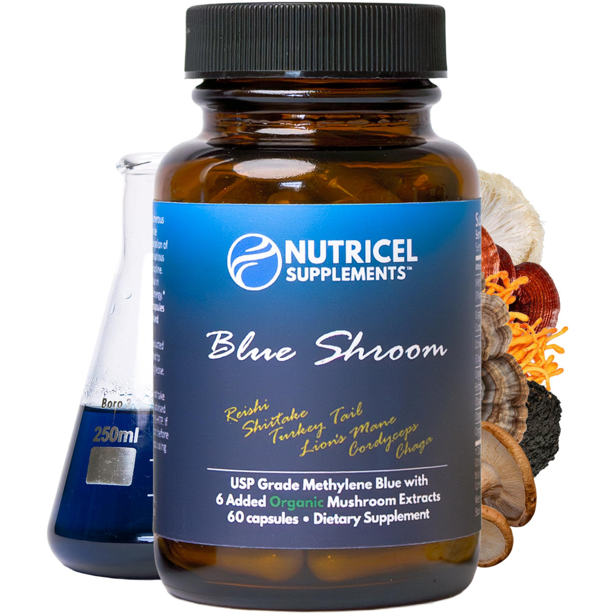 Nutricel Blue Shroom frente del envase mostrando diseño y conteo de cápsulas, confianza en fabricación