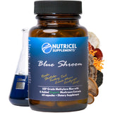 Nutricel Blue Shroom frente del envase mostrando diseño y conteo de cápsulas, confianza en fabricación