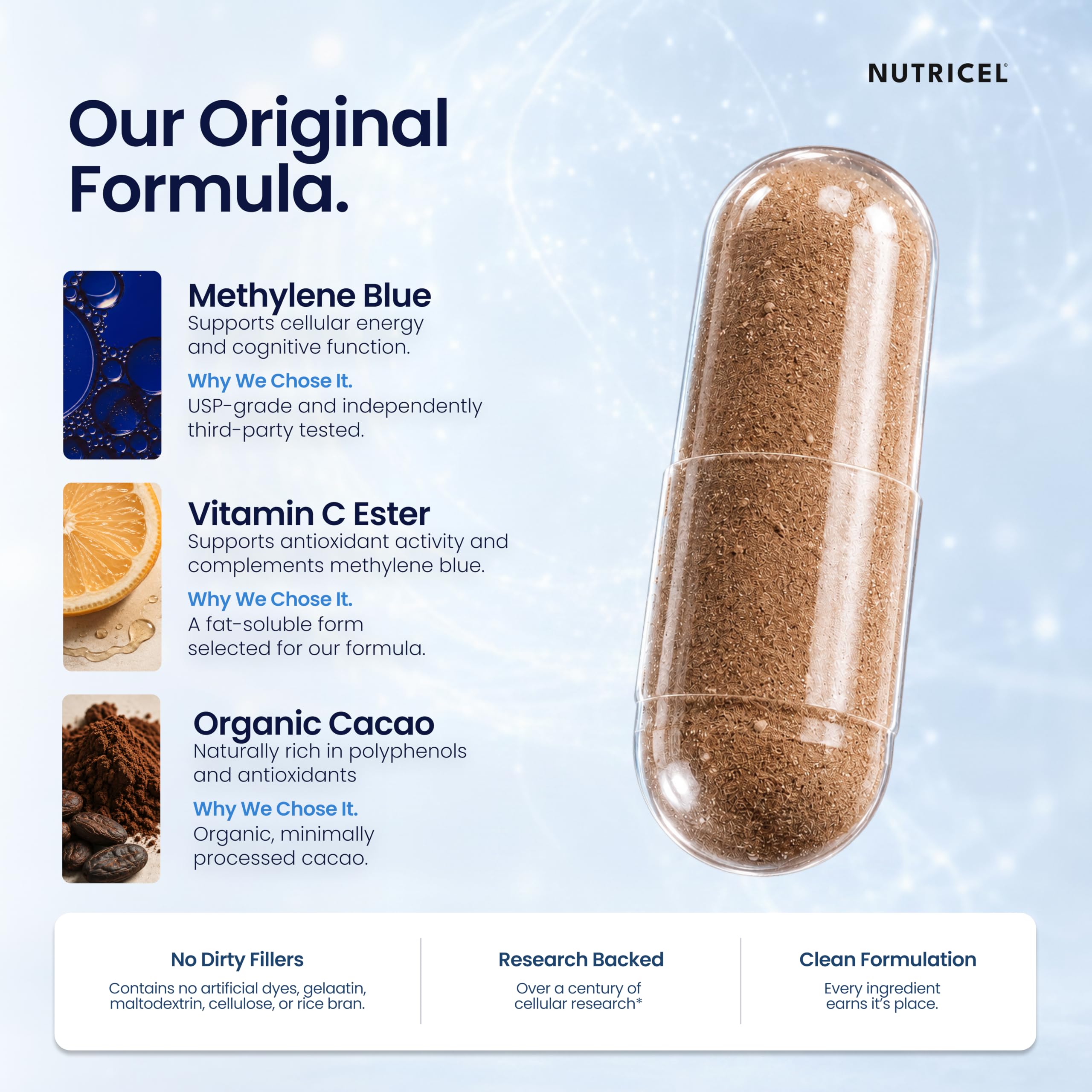 Nutricel cápsulas dispersas sobre fondo neutro, muestra el color y consistencia