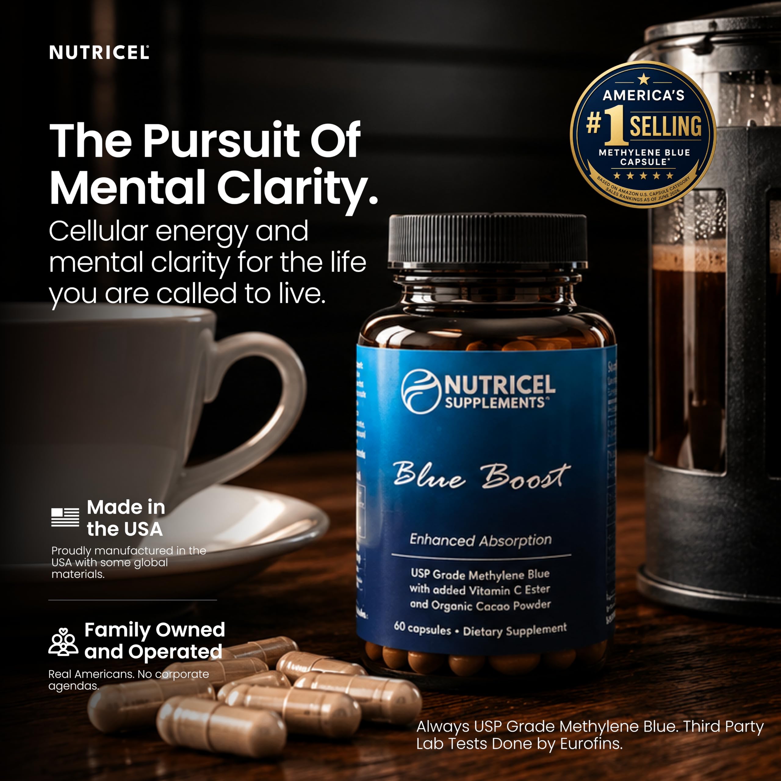 Nutricel etiqueta lateral mostrando información de ingredientes y certificado NSF