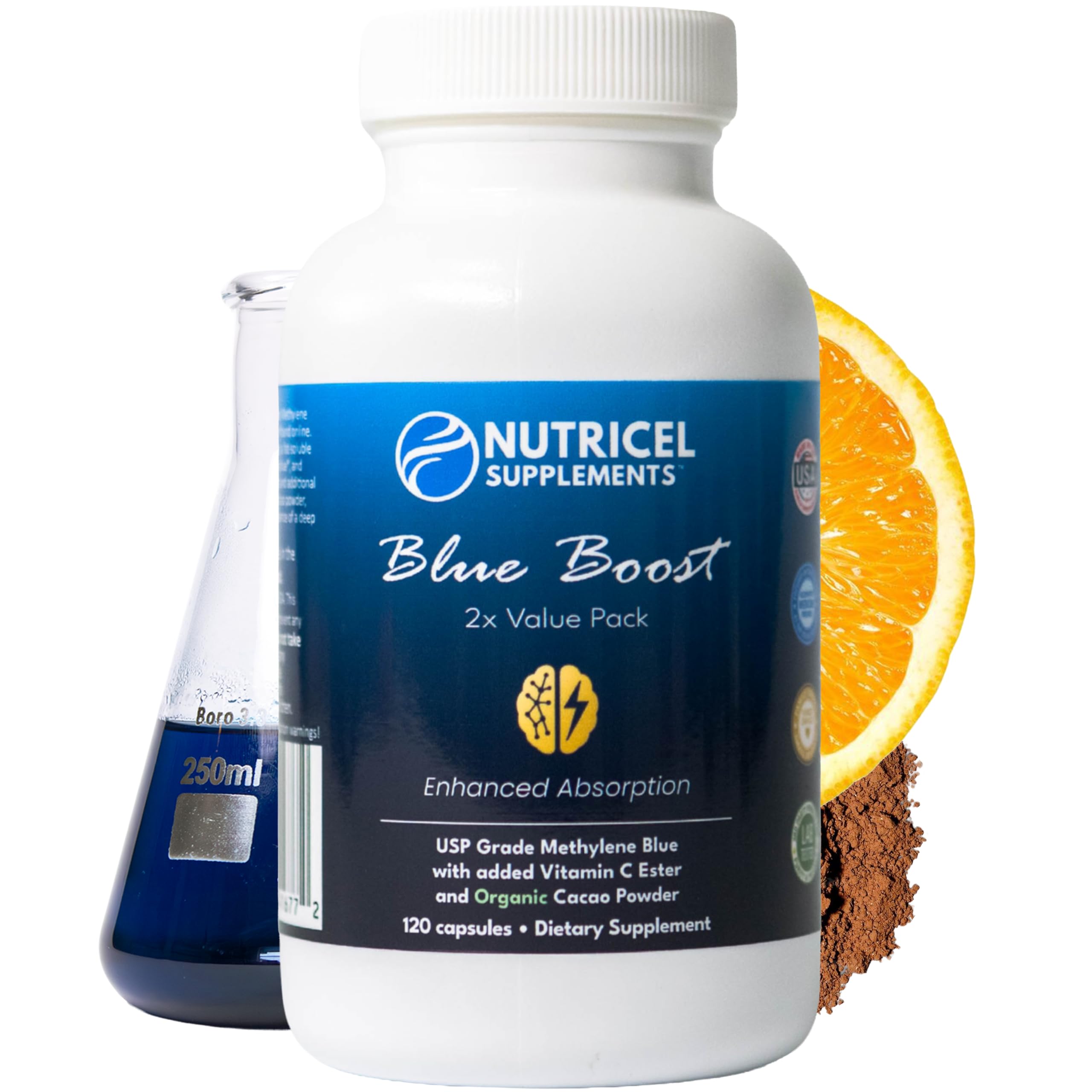 Nutricel muestra frontal del envase, calidad americana y beneficio de confianza