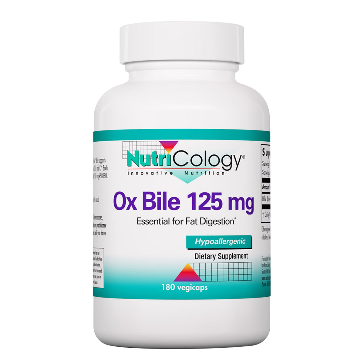 Allergy Research Group botella frontal de Nutricology Ox Bile 125 mg, presentación clara